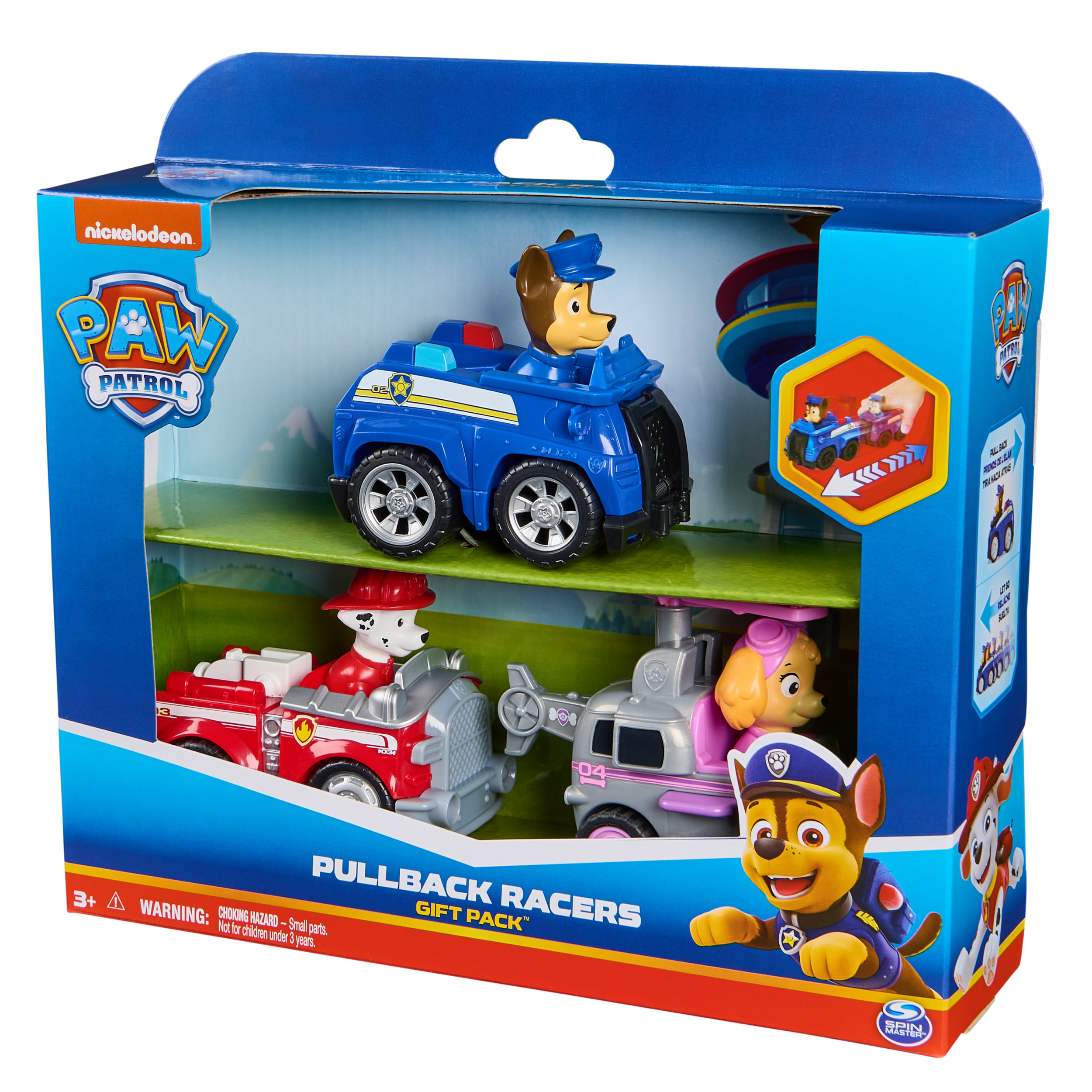 Zestaw zabawek Paw Patrol. Zawiera Chase'a w radiowozie, Marshalla w wozie strażackim i Skye w helikopterze.