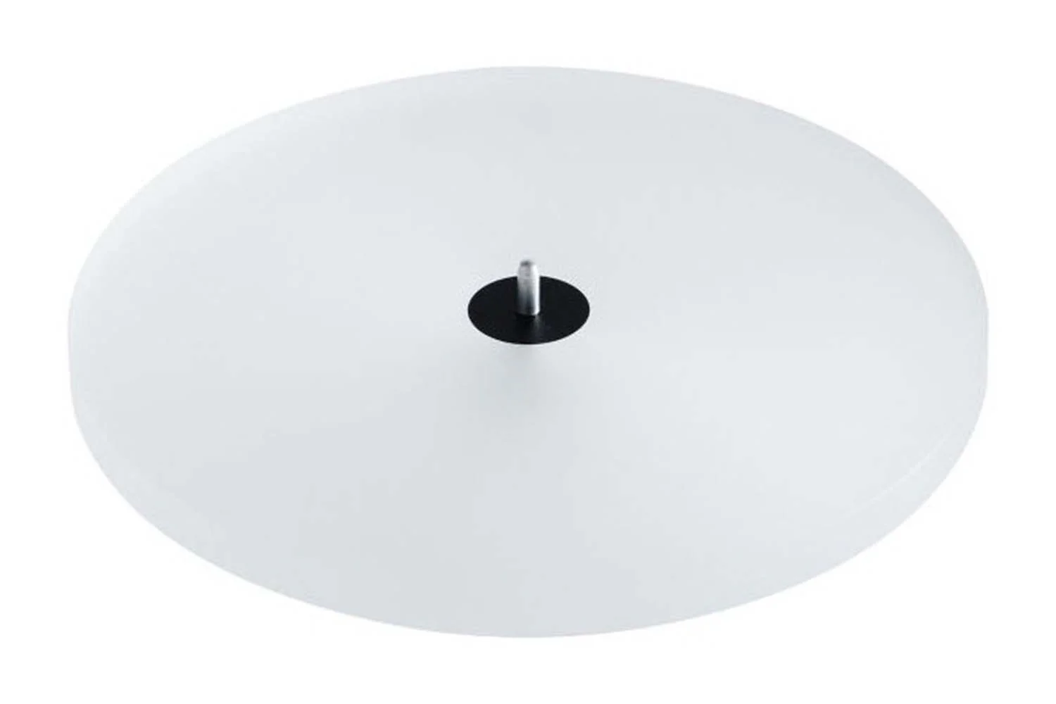 Biały, okrągły przedmiot z małym czarnym okręgiem pośrodku i srebrnym prętem. Tło jest białe.