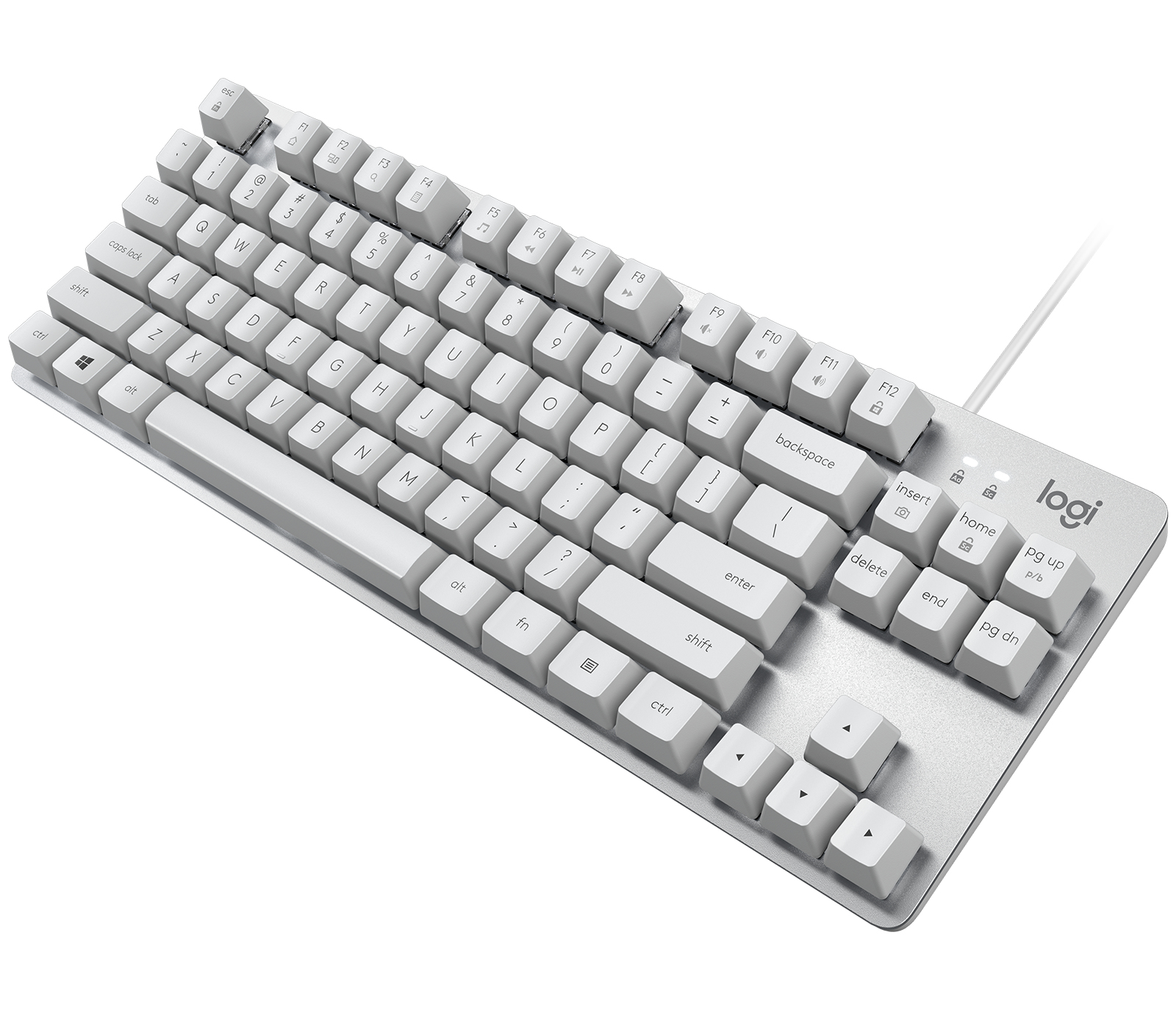 Biała klawiatura Logitech z szarymi klawiszami, w tym klawiszami funkcyjnymi, literami, cyframi i symbolami. Widoczne logo.