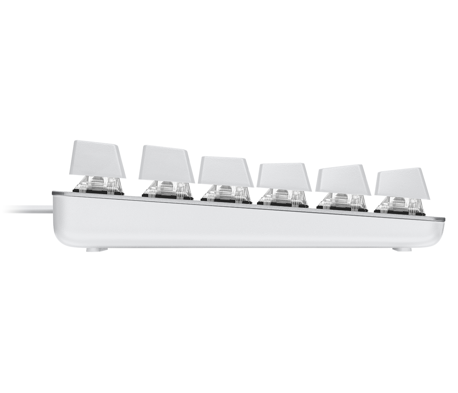 Biała klawiatura z sześcioma widocznymi klawiszami. Klawisze są jasnoszare i znajdują się na białej podstawie. Tło jest białe.