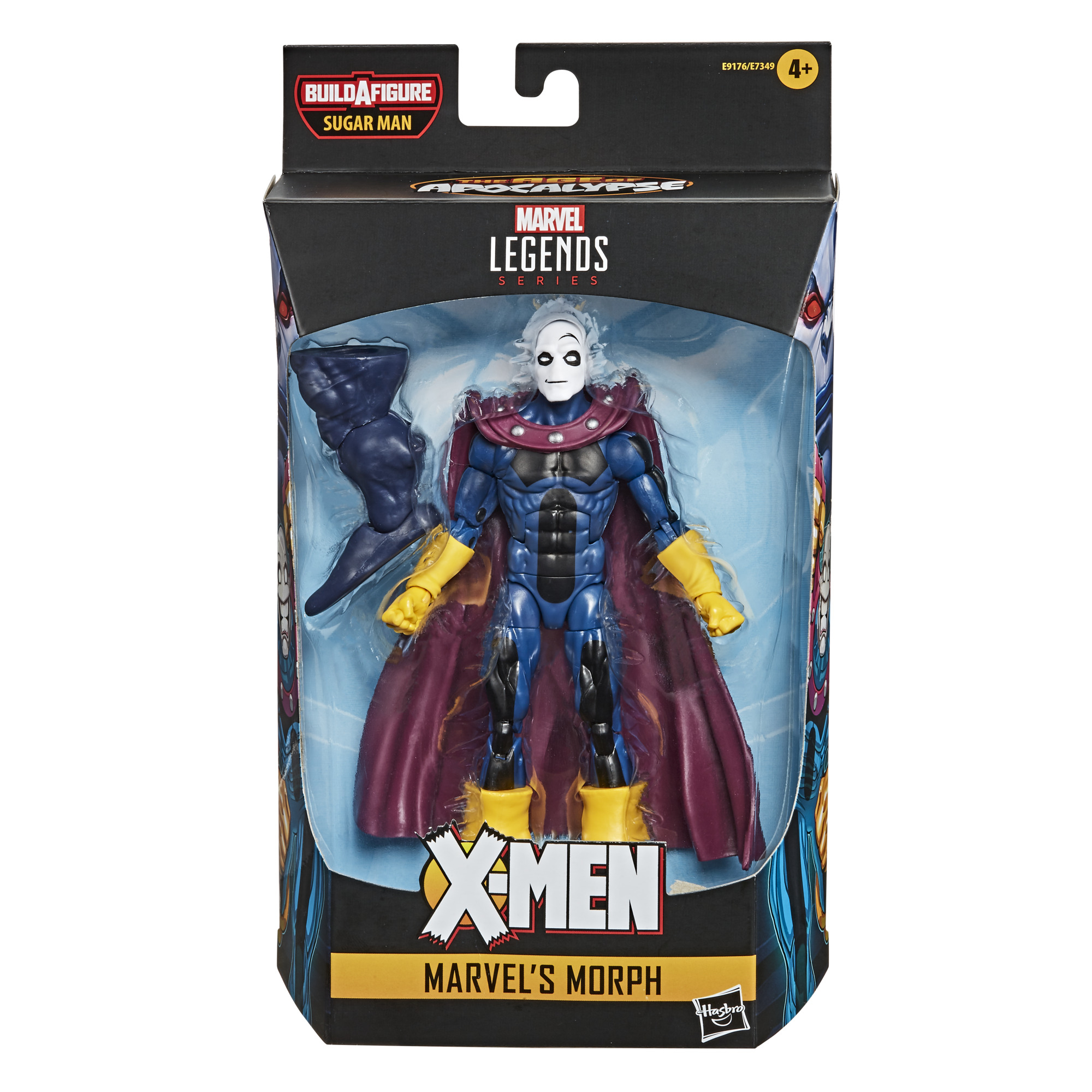 Un action figure di Marvel Legends Morph in una scatola. Ha un viso bianco, un abito blu, un mantello viola e guanti gialli.