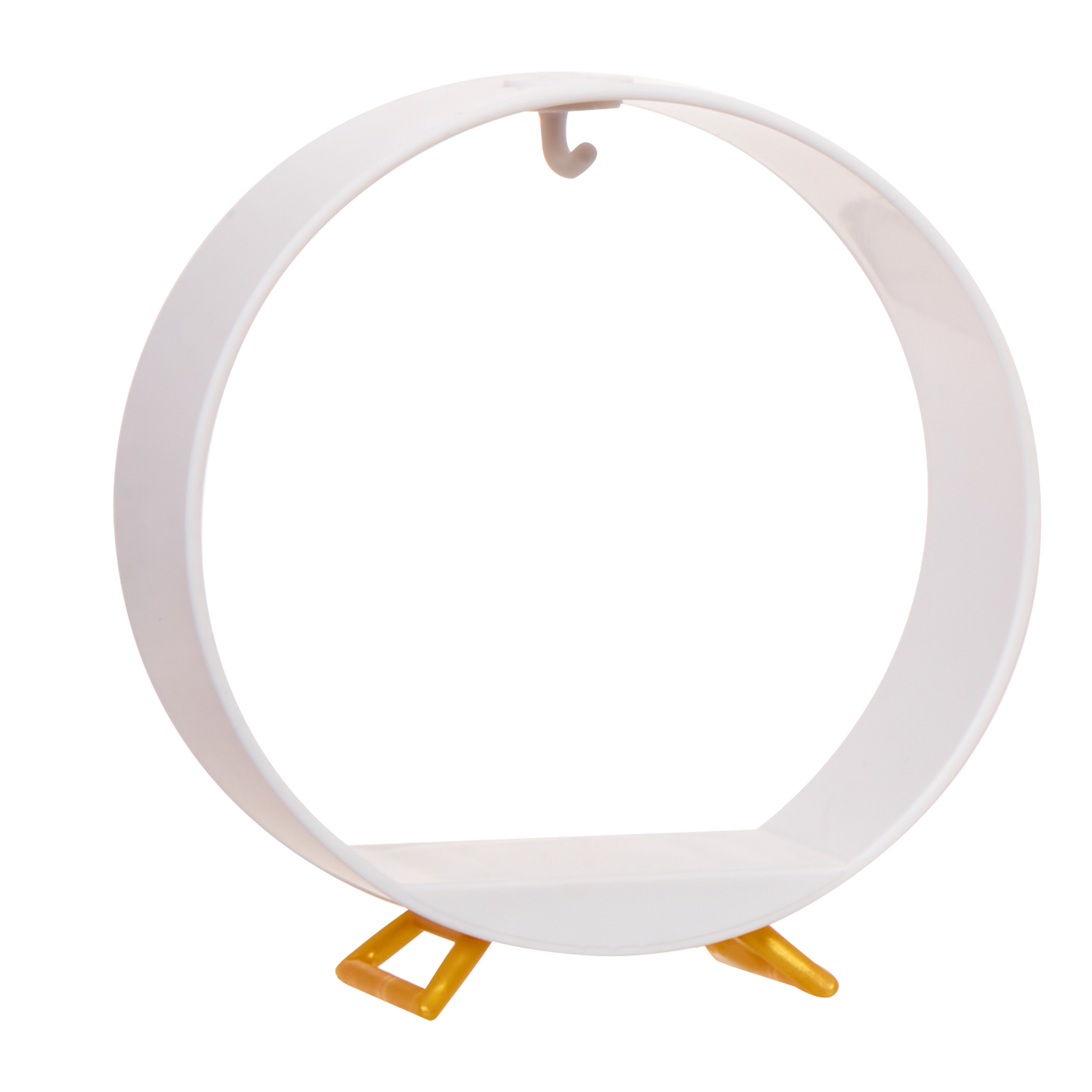 Biała okrągła półka z małą półką, złotymi nóżkami i haczykiem.