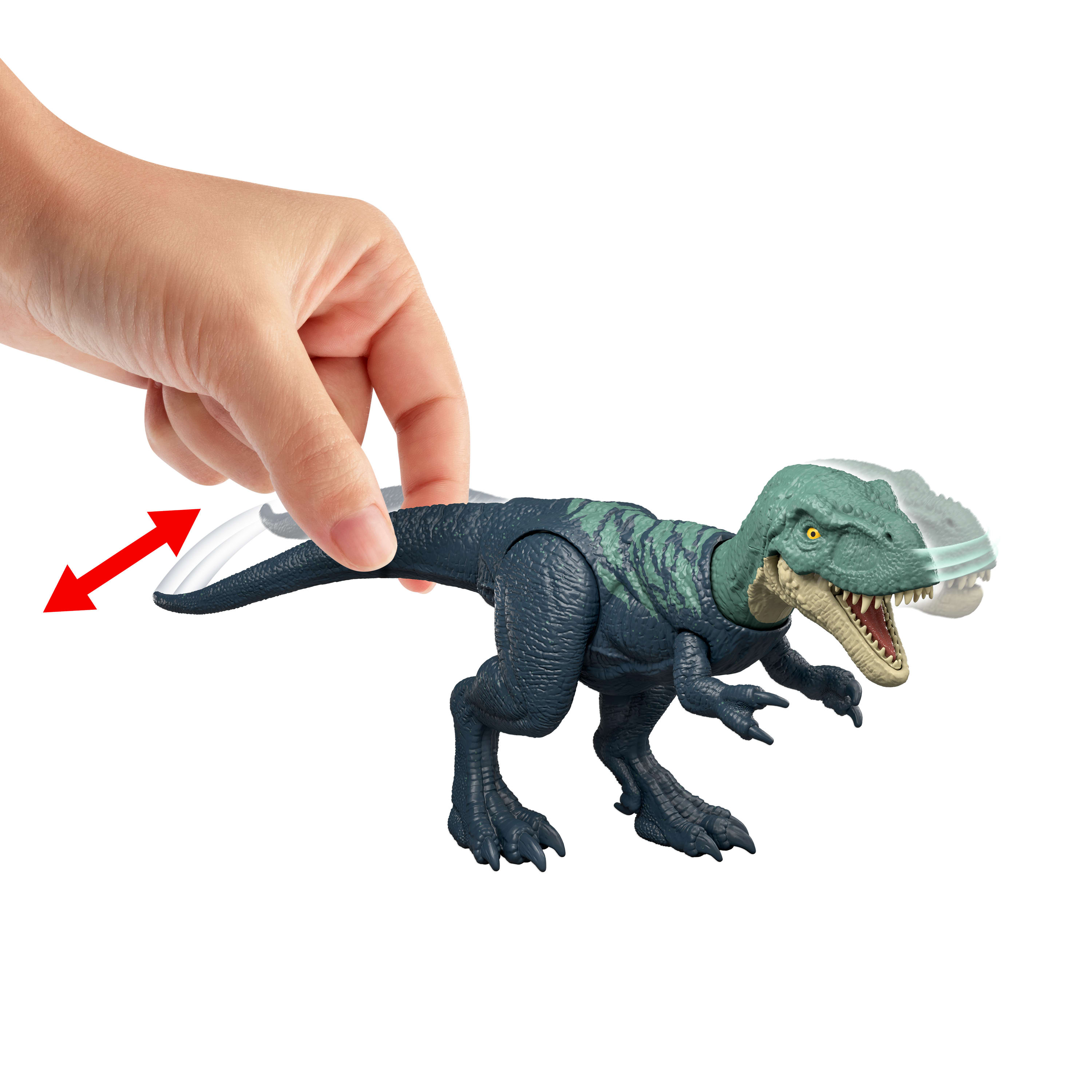 Ręka trzyma niebiesko-zielonego dinozaura. Czerwona strzałka wskazuje ruch dinozaura na białym tle.