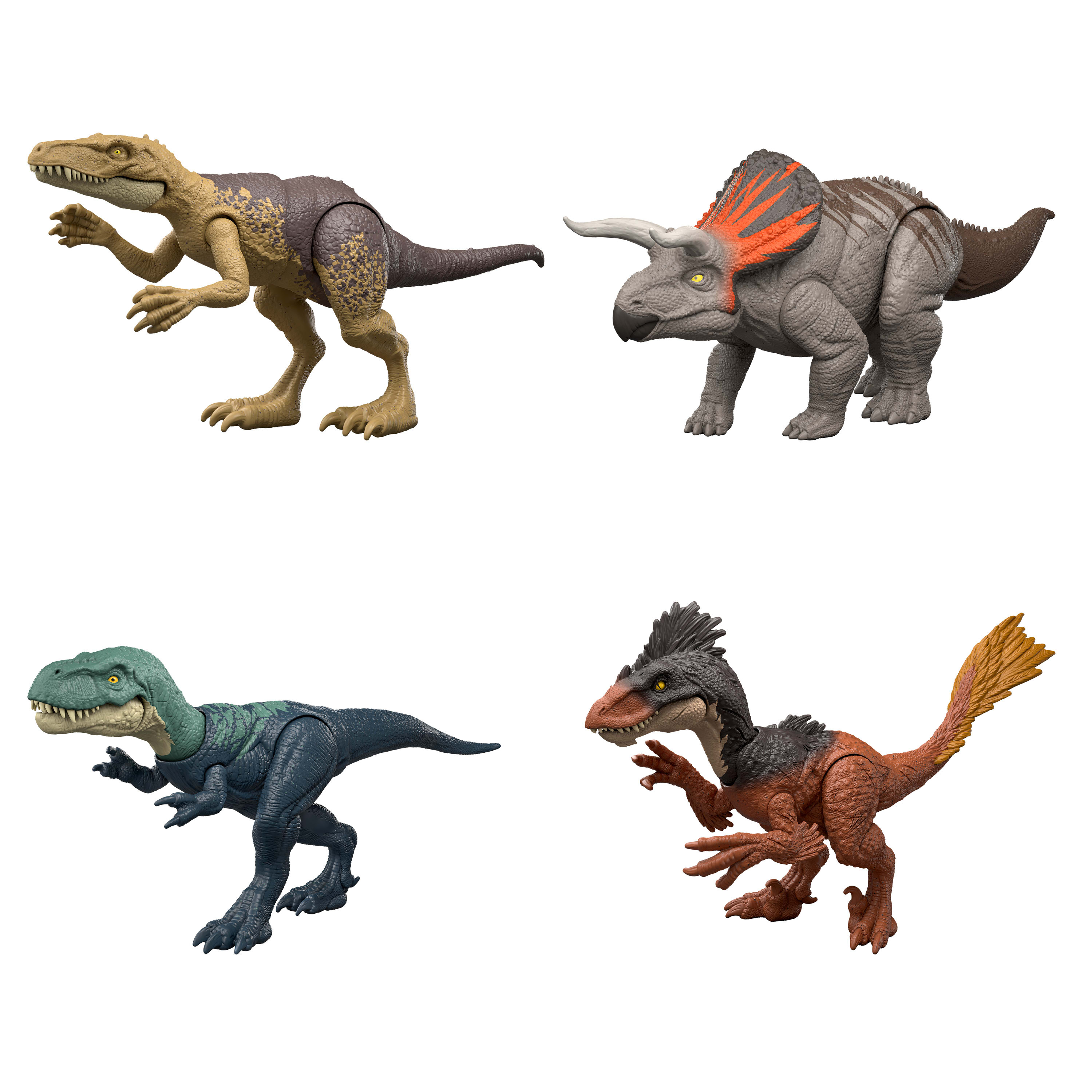 Cztery figurki dinozaurów na białym tle. Każdy ma inny gatunek i kolor, pokazujący szczegóły i tekstury.