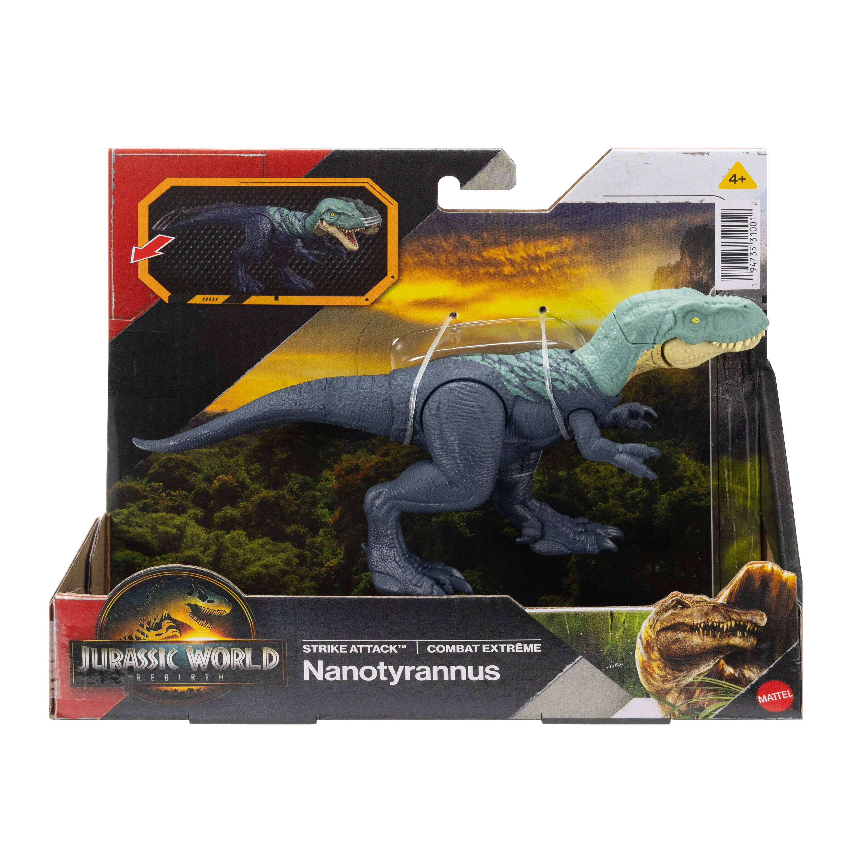 Zabawka Nanotyrannus z Jurassic World znajduje się w opakowaniu. Dinozaur jest niebiesko-zielony. Pudełko ma scenę dżungli.