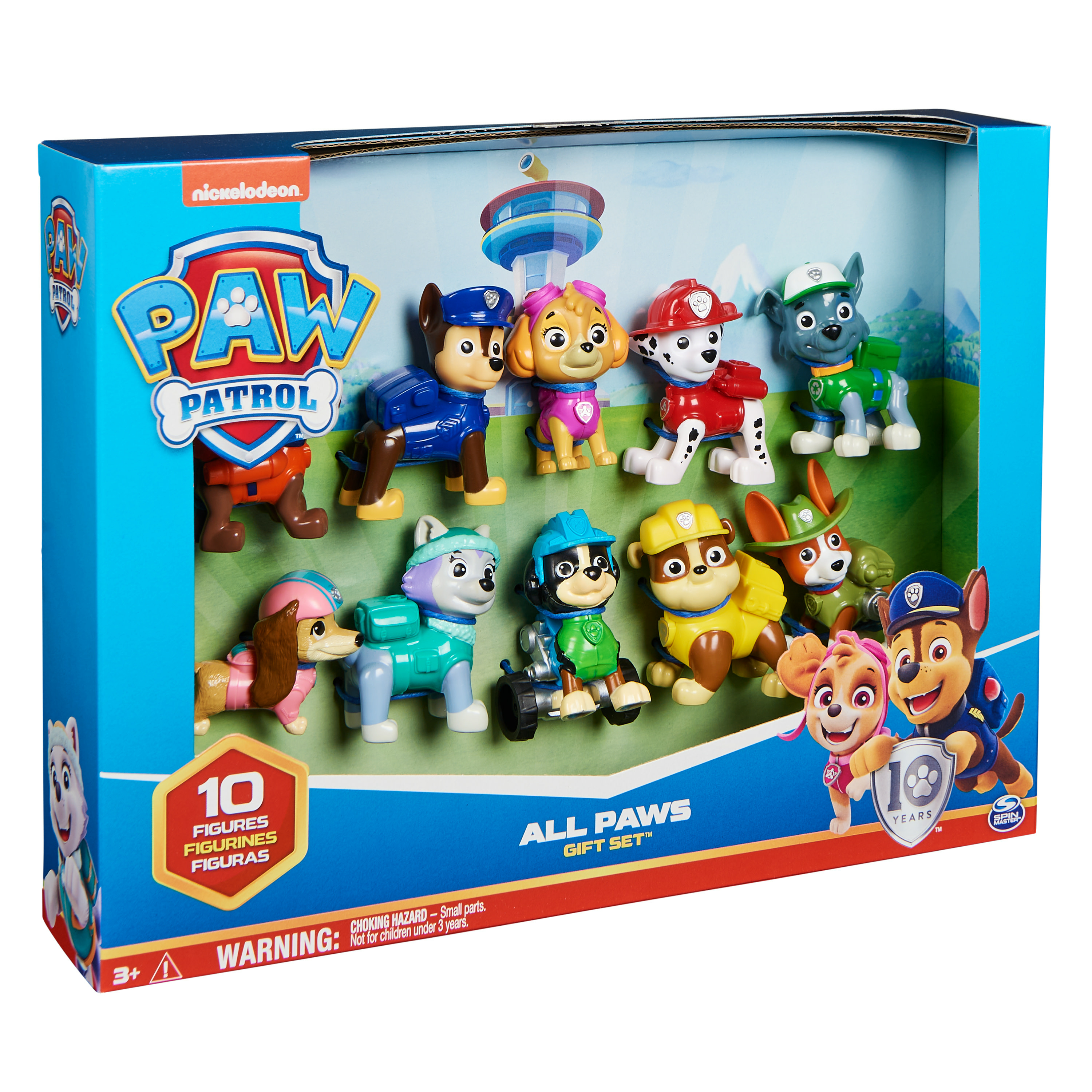 Pudełko upominkowe Paw Patrol z 10 figurkami postaci Paw Patrol. Pudełko jest niebieskie, czerwone i żółte.