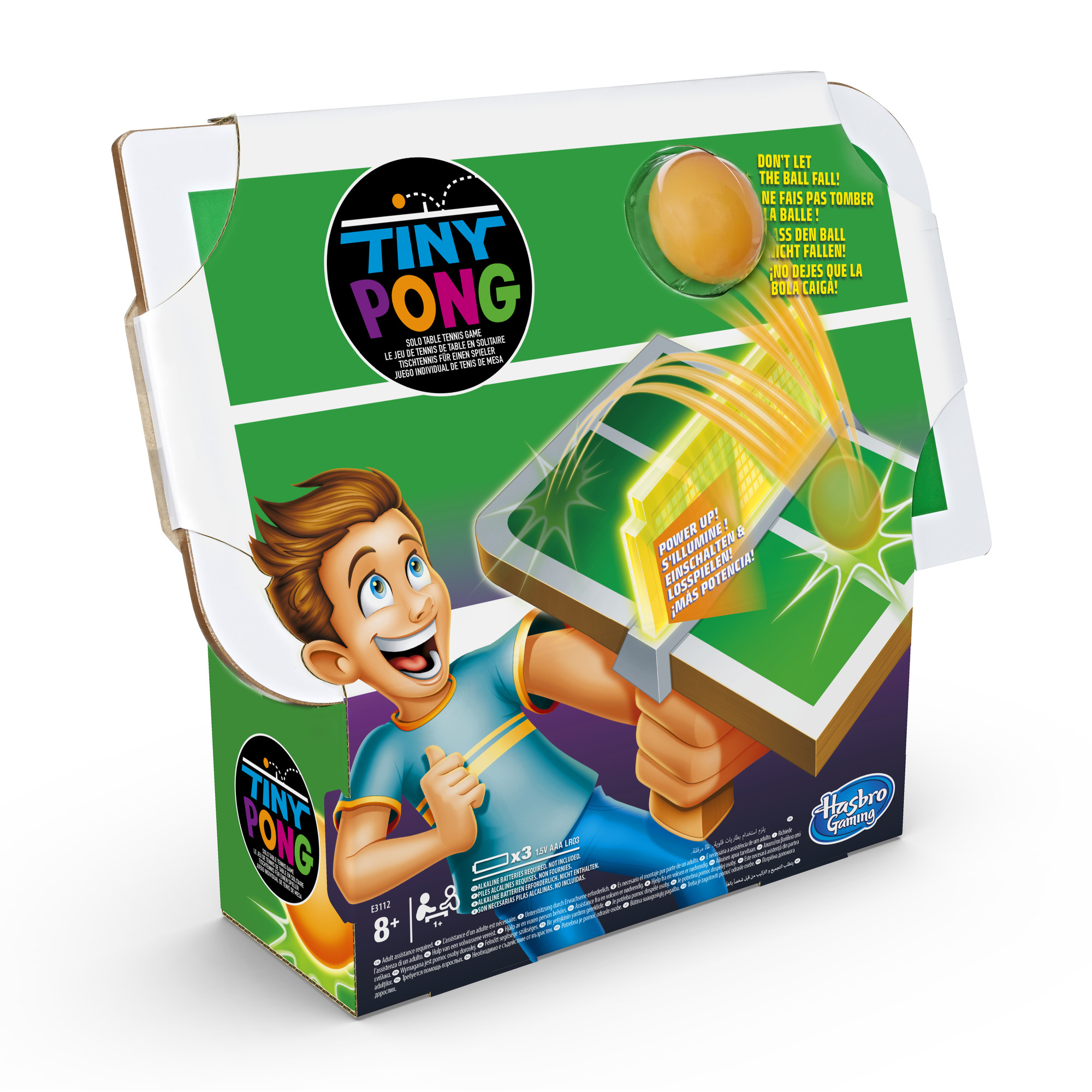 Artwork della scatola del gioco Tiny Pong con un ragazzo. Palla da tennis e racchetta sono mostrate. Testo multilingue.