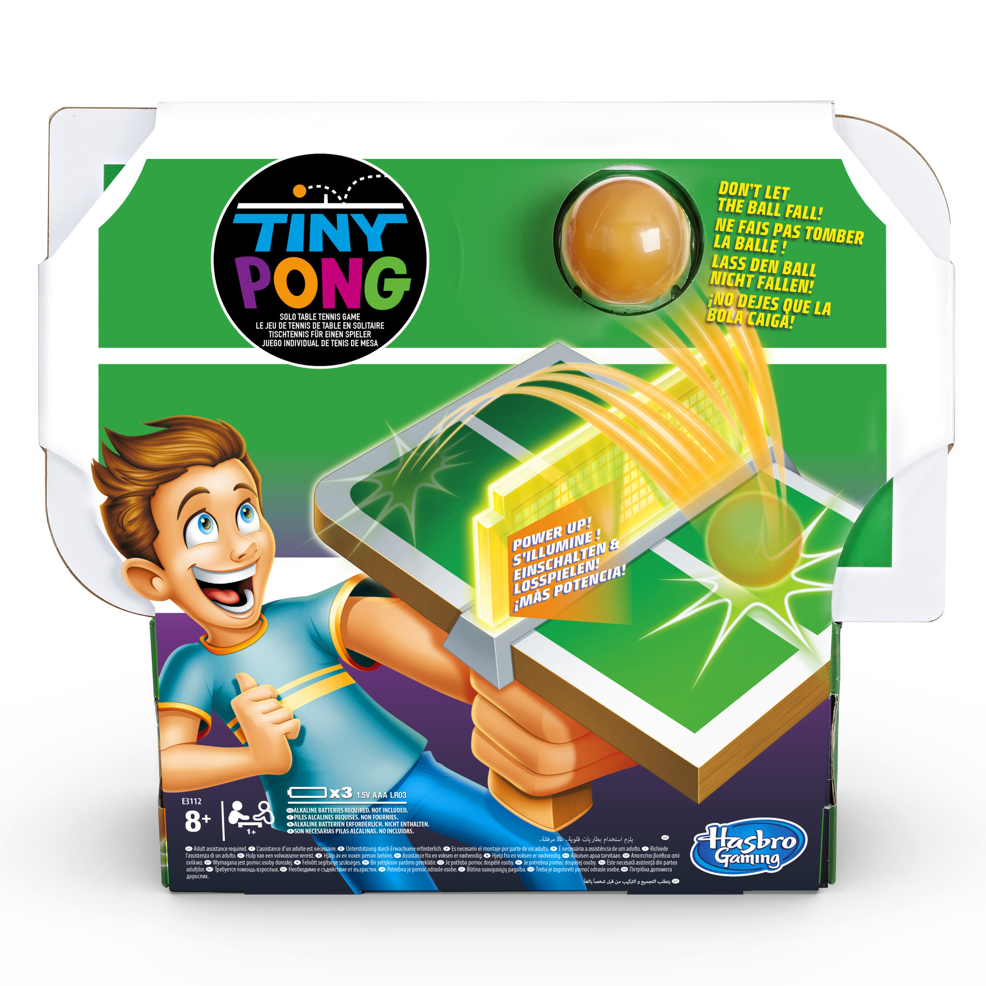 Scatola del gioco Tiny Pong. Mostra un ragazzo, una palla e le istruzioni. Il logo Hasbro Gaming è visibile.