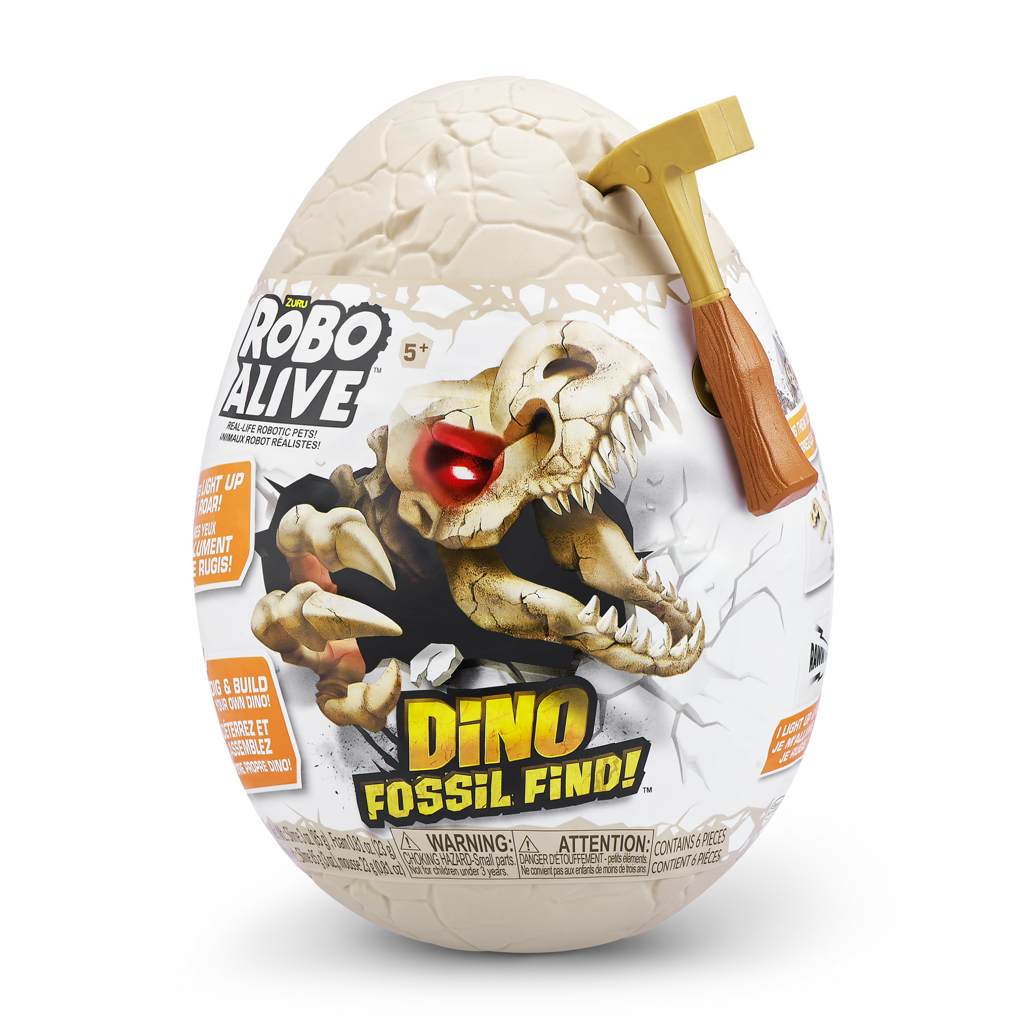 Een eivormig Dino Fossil Find-speelgoed. Een hamer zit vast in het ei. Dinosaurus schedelafbeelding en tekst staan op het ei.