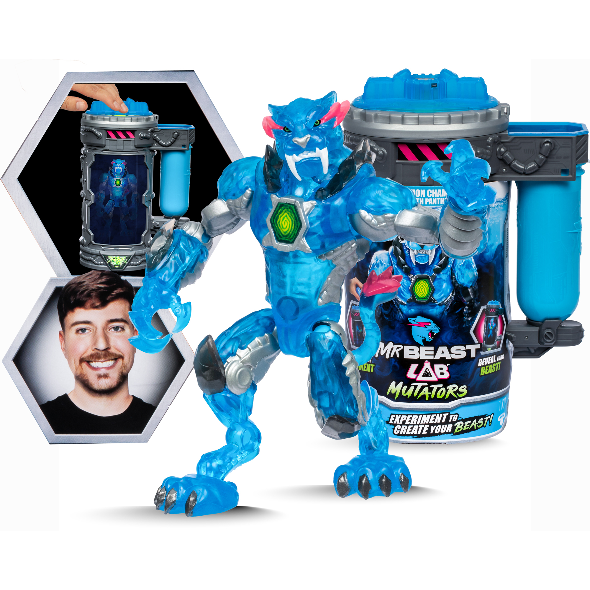 Ein blaues Monster-Spielzeug mit einem MrBeast-Bild. Es enthält einen Behälter und einen sechseckigen Rahmen mit einer Hand.