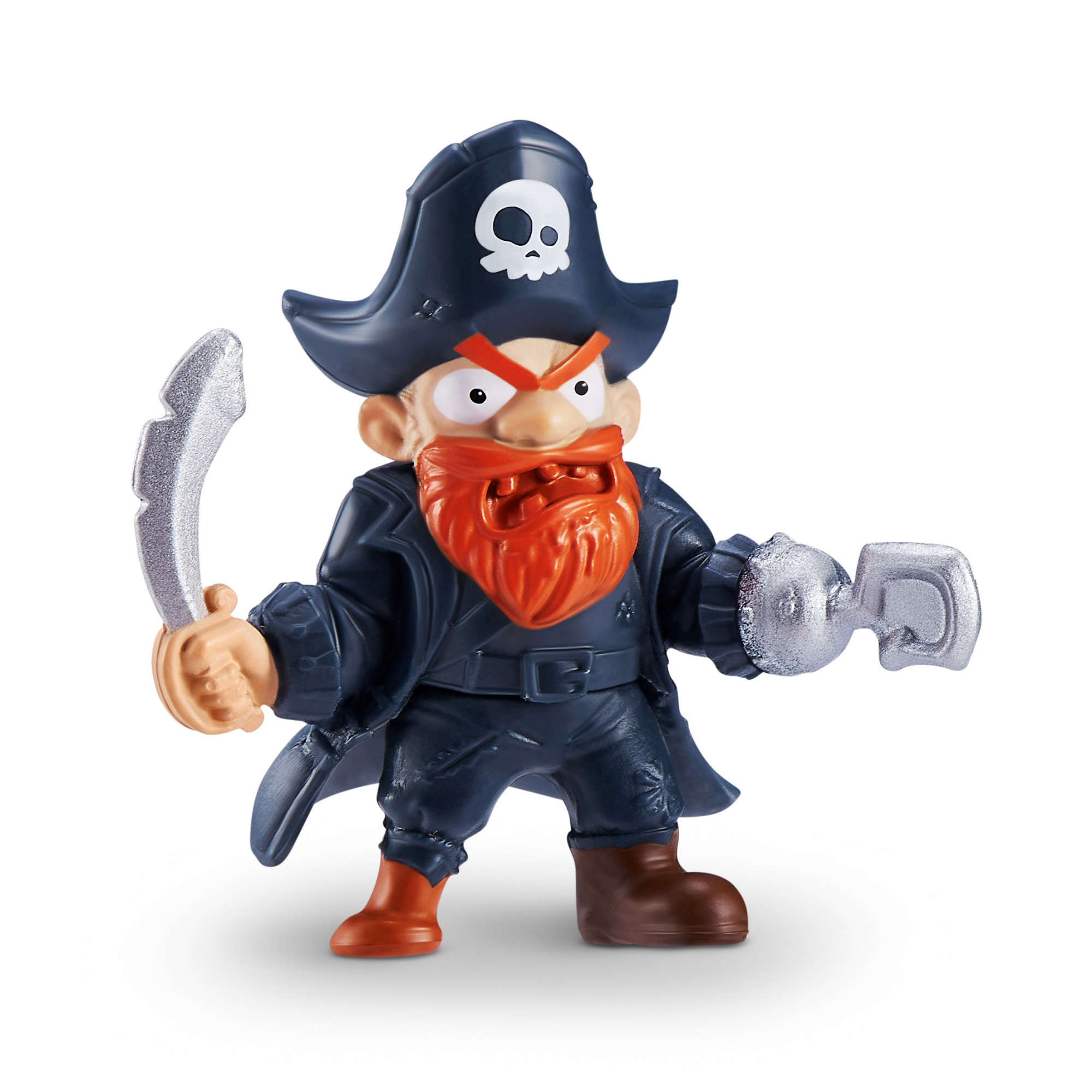 Ein Spielzeugpirat mit rotem Bart, schwarzem Hut mit Totenkopf, der ein Schwert und einen Haken hält.