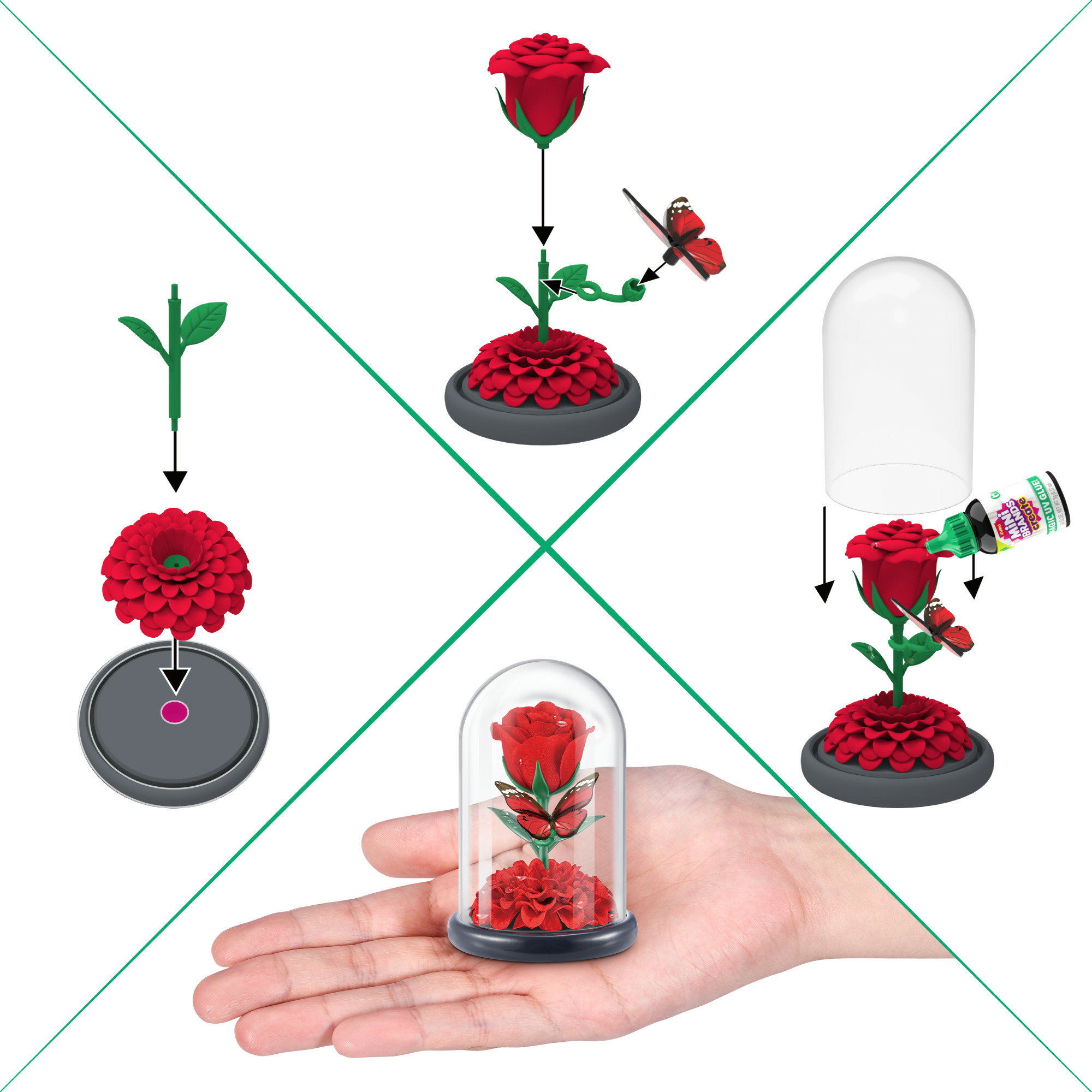 Una mano sostiene una rosa en una cúpula de cristal. Los pasos muestran el montaje con tallo verde, rosa roja y mariposa.