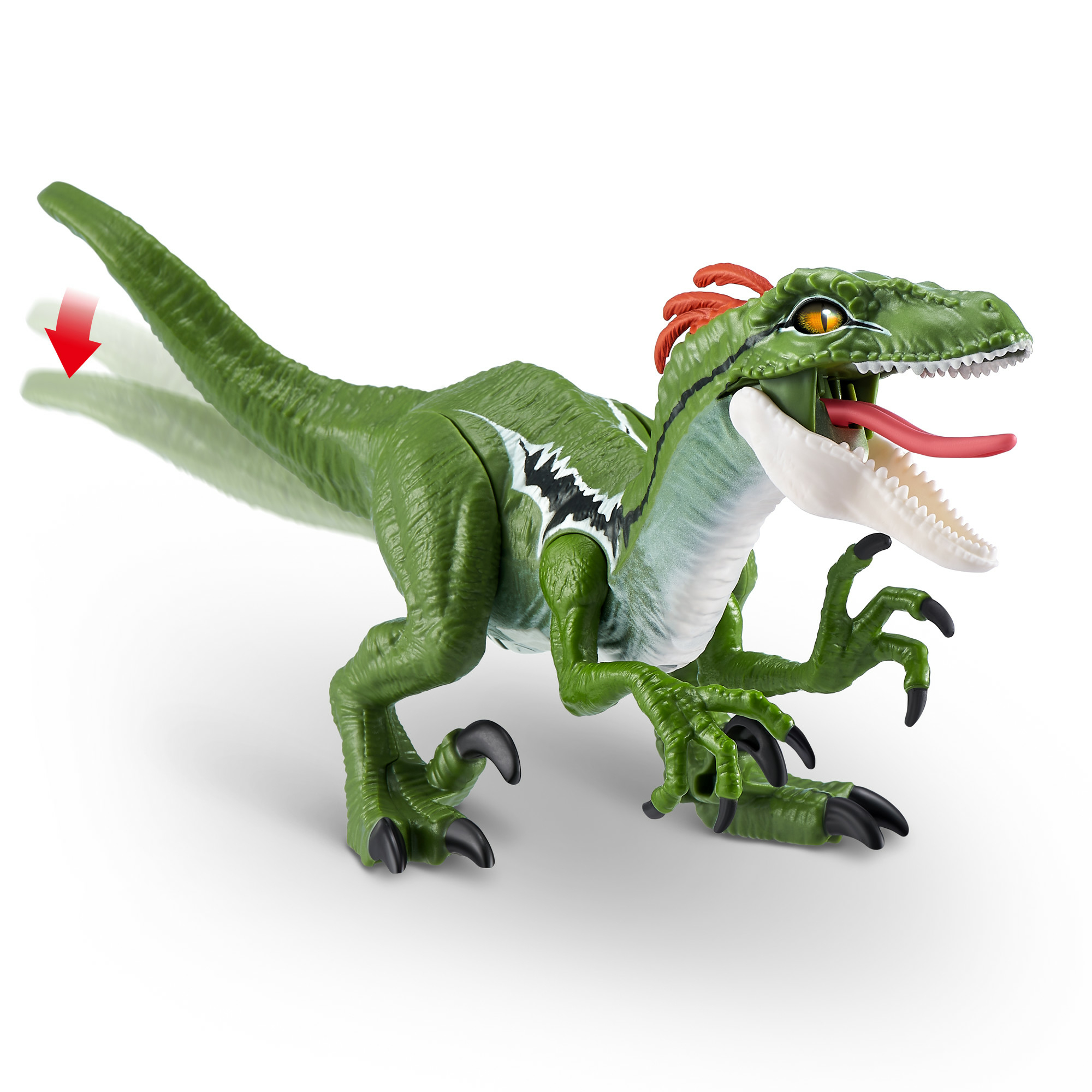 Un dinosauro giocattolo verde con bocca aperta, lingua rossa e artigli. Ha creste rosse e si trova su sfondo bianco.