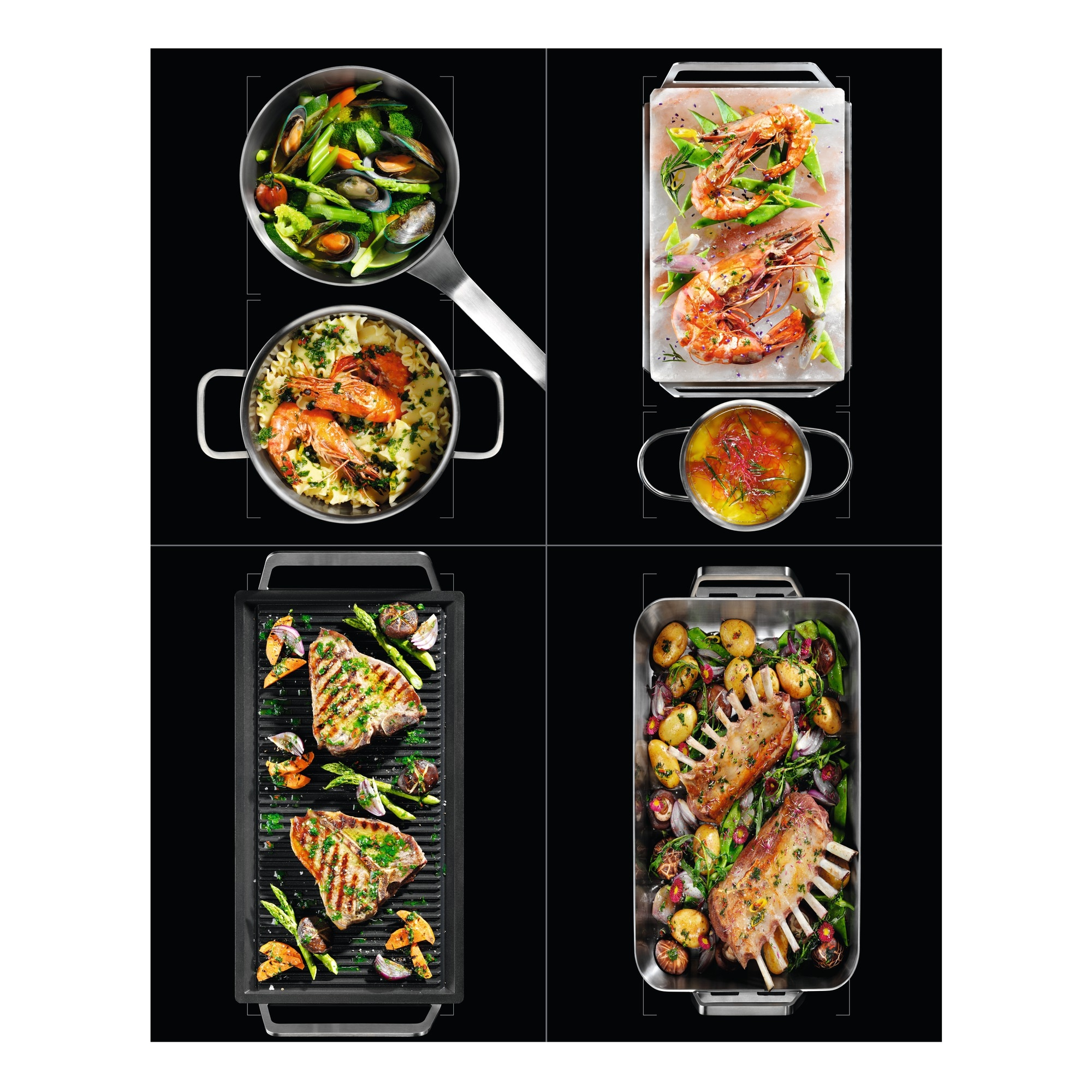 Cibo cotto in padelle: cozze con verdure, gamberi al sale, pasta con gamberi, zuppa, carne alla griglia e agnello arrosto.