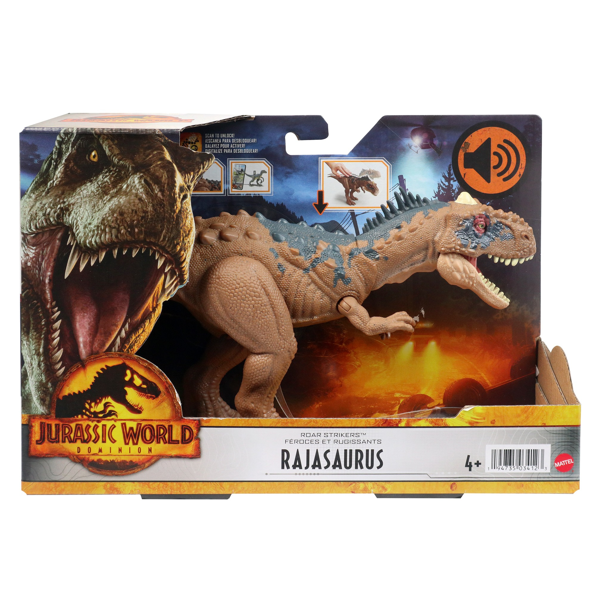 Un giocattolo Rajasaurus di Jurassic World è nella sua confezione. La scatola ha la grafica dei dinosauri. Il giocattolo è marrone e blu, con la bocca aperta.