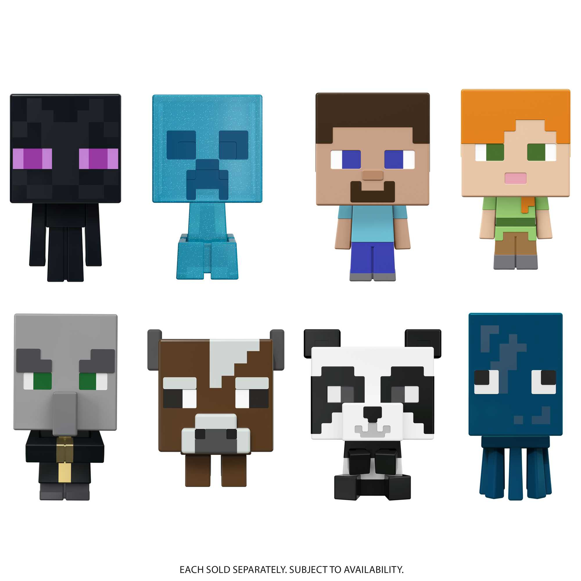 Acht Minecraft-Charakterfiguren: Enderman, Creeper, Steve, Alex, Vindicator, Kuh, Panda und Tintenfisch, jeweils im Blockstil.