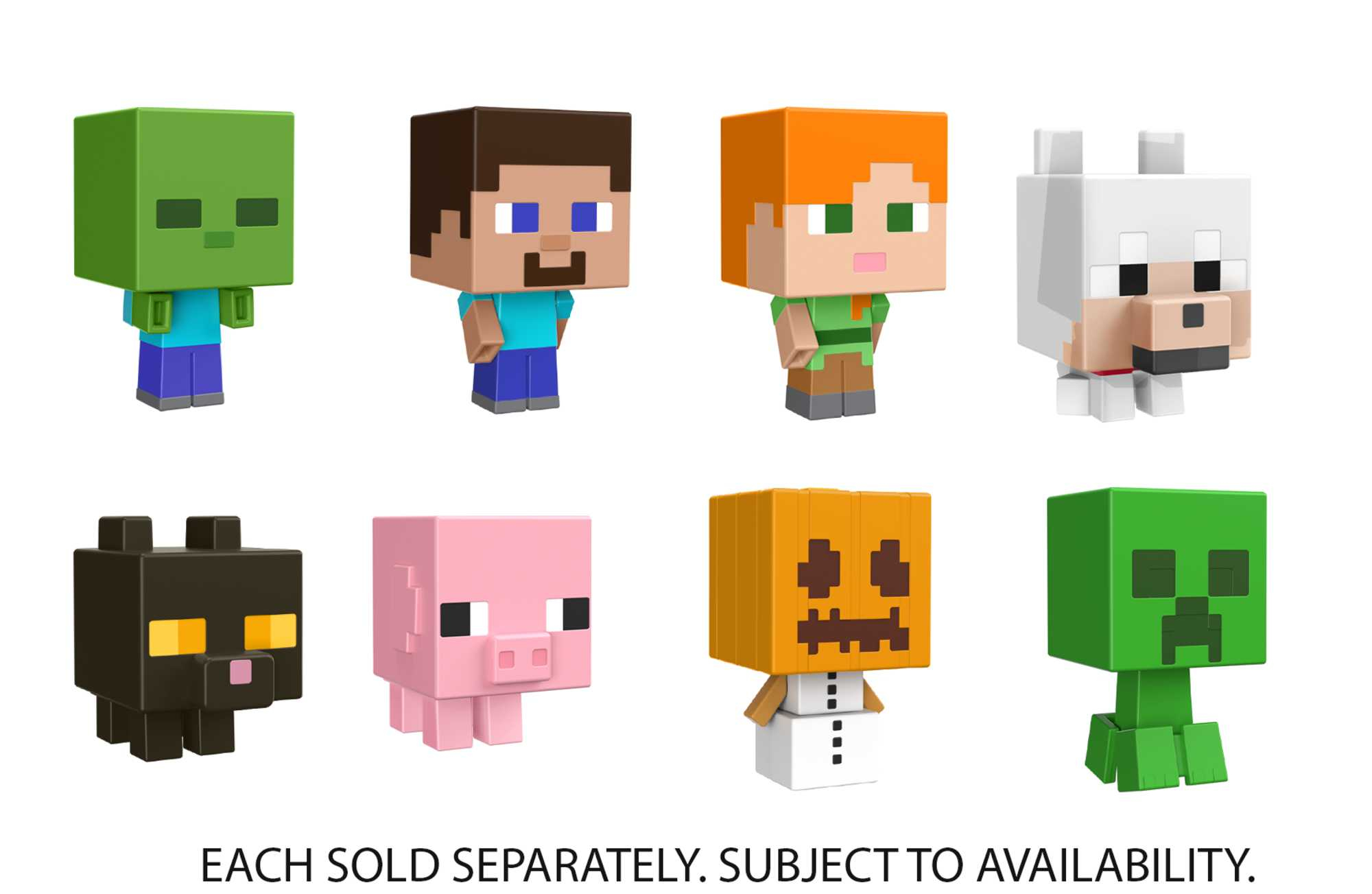 Acht Minecraft-Figuren, darunter ein Zombie, Steve, Alex, Wolf, Katze, Schwein, Kürbis und Creeper, auf weißem Hintergrund.