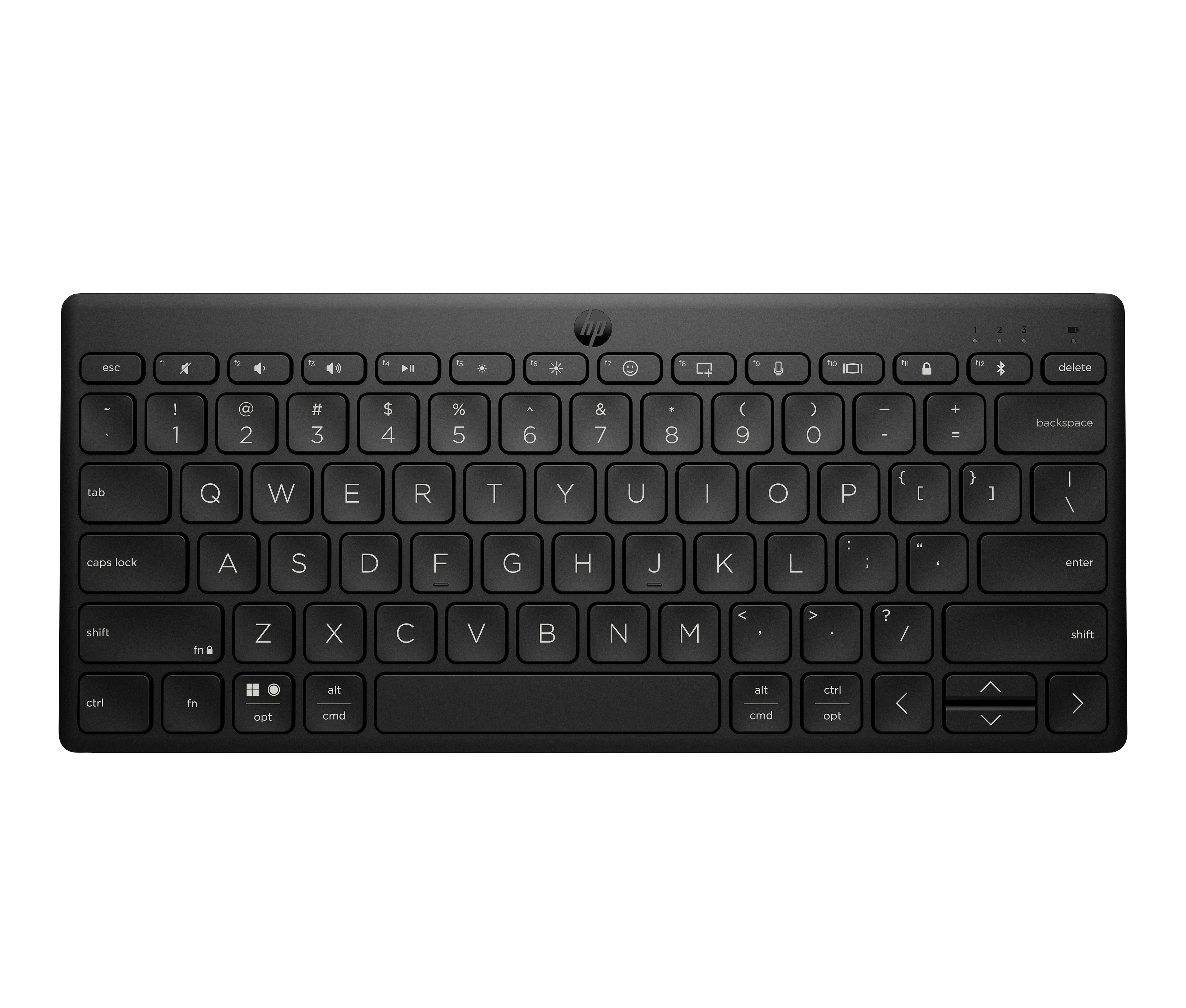 Teclado HP negro con letras y símbolos blancos. Teclas de función arriba. Logotipo HP presente.