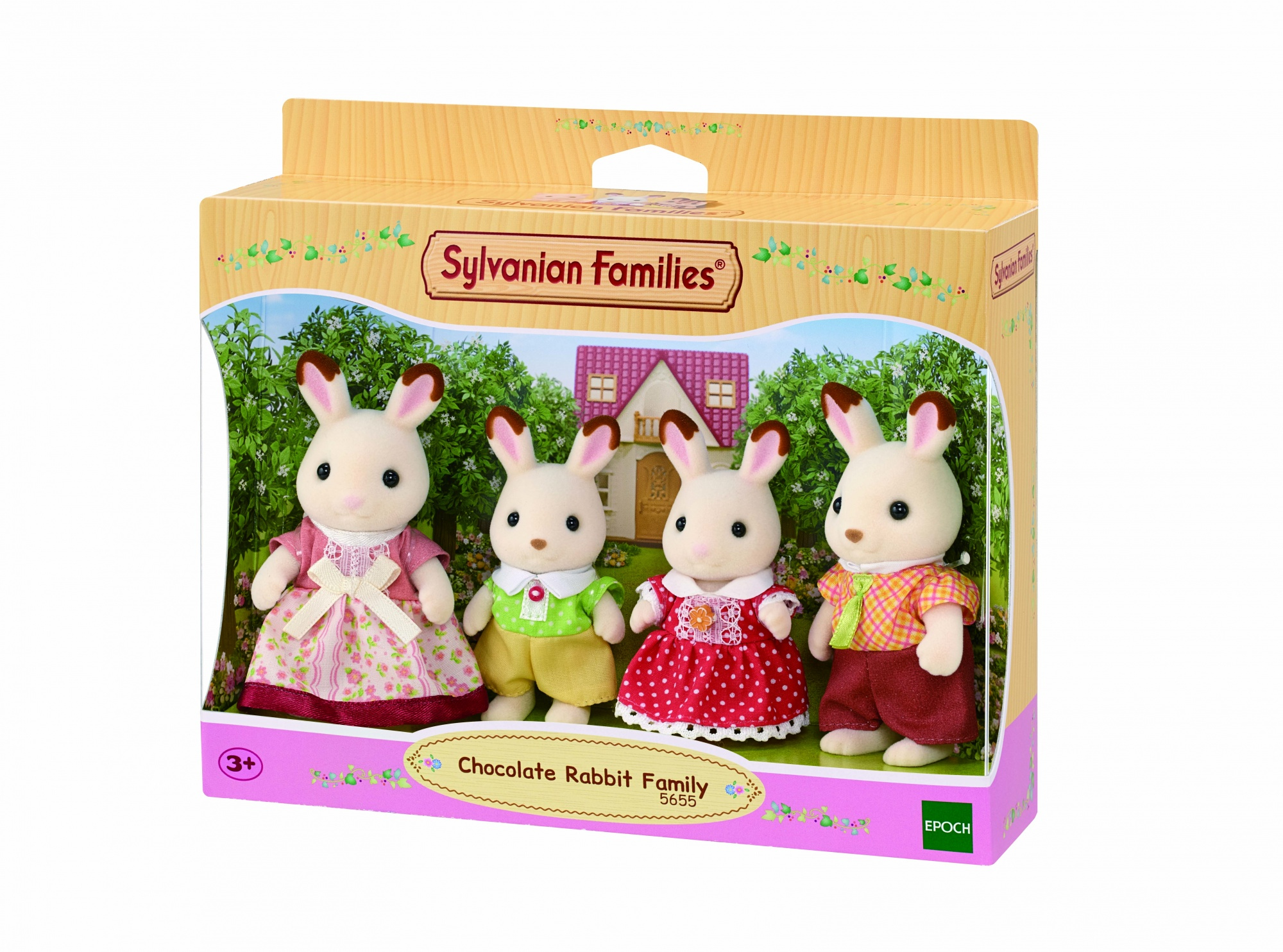 Zestaw figurek Sylvanian Families, rodzina królików czekoladowych. Cztery figurki królików w kolorowych strojach.