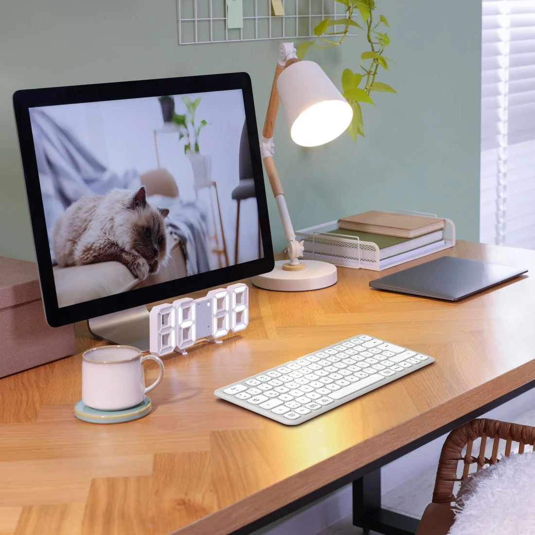 Una scrivania con monitor con gatto, tastiera, lampada e tazza di caffè. Sfondo con piante e finestra.