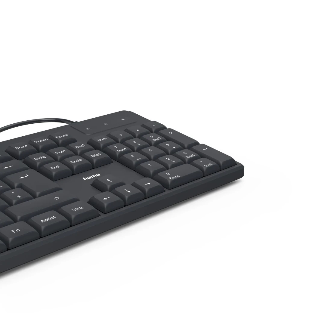 Ciemnoszara klawiatura z białymi literami, ustawiona pod kątem na białej powierzchni. Widoczna marka 'hama'.