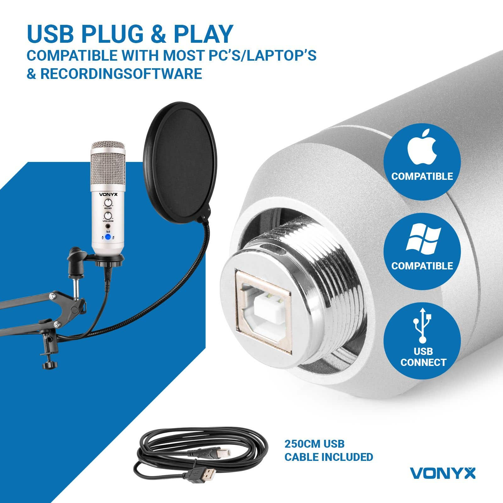 Een microfoon met popfilter, USB-kabel en USB-poort. Tekst zegt USB Plug & Play.