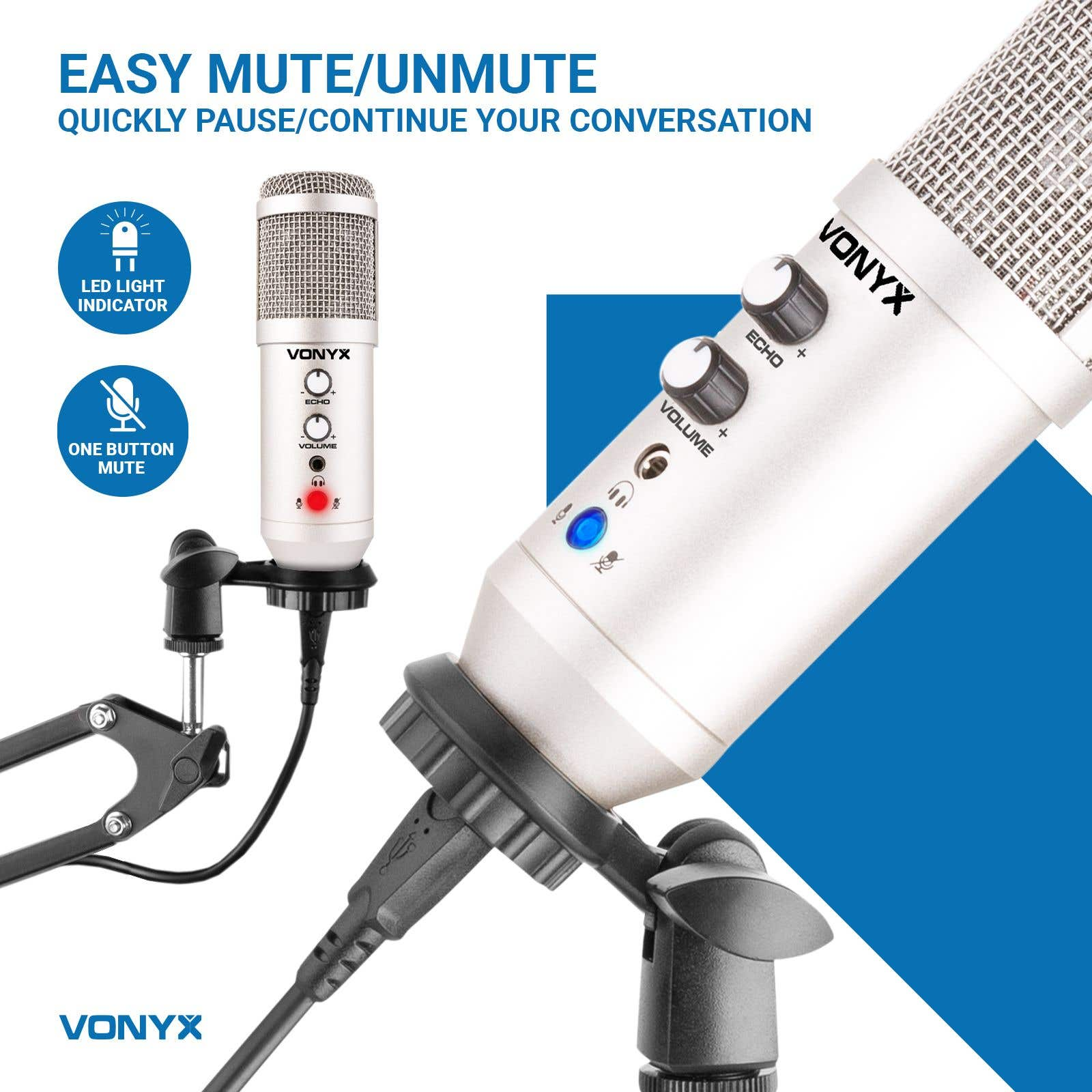 Een Vonyx-microfoon wordt getoond, met volume- en echobesturing. Het heeft een mute-knop en een LED-indicator. Een blauw accent erachter.