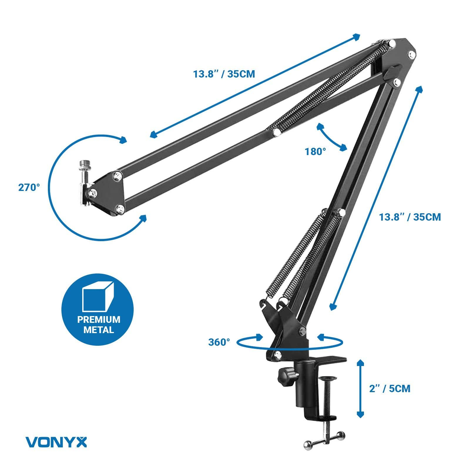 Zwarte microfoonarm met afmetingen en hoeken. Inclusief het merk Vonyx en een 'Premium Metal' logo.