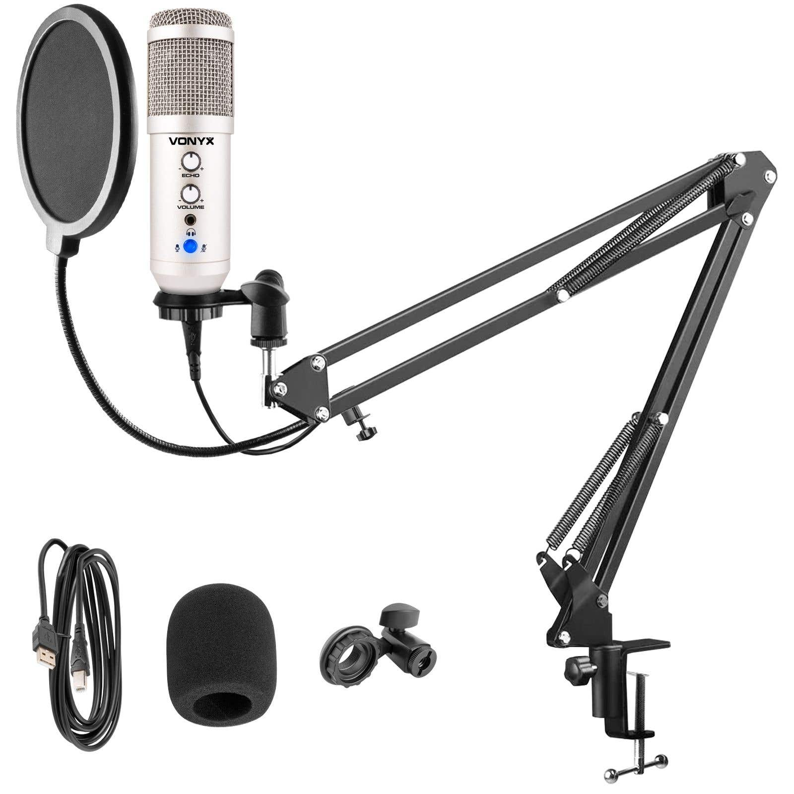 Een witte Vonyx microfoon met popfilter, zwarte arm, schuimrubberen hoes en USB-kabel zijn zichtbaar.