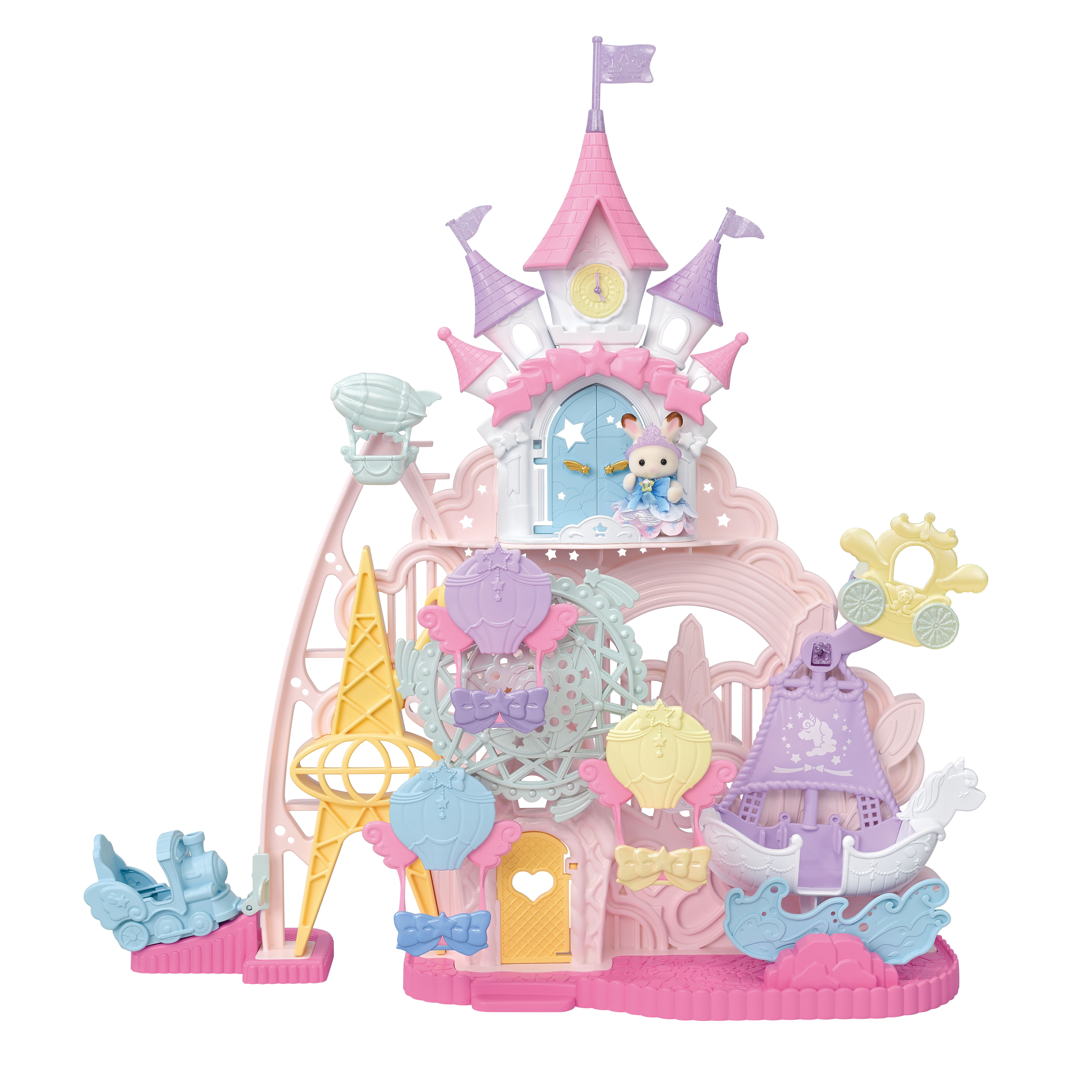 Un castillo de juguete colorido con varias estructuras, incluyendo una noria y un barco, todo en colores pastel.