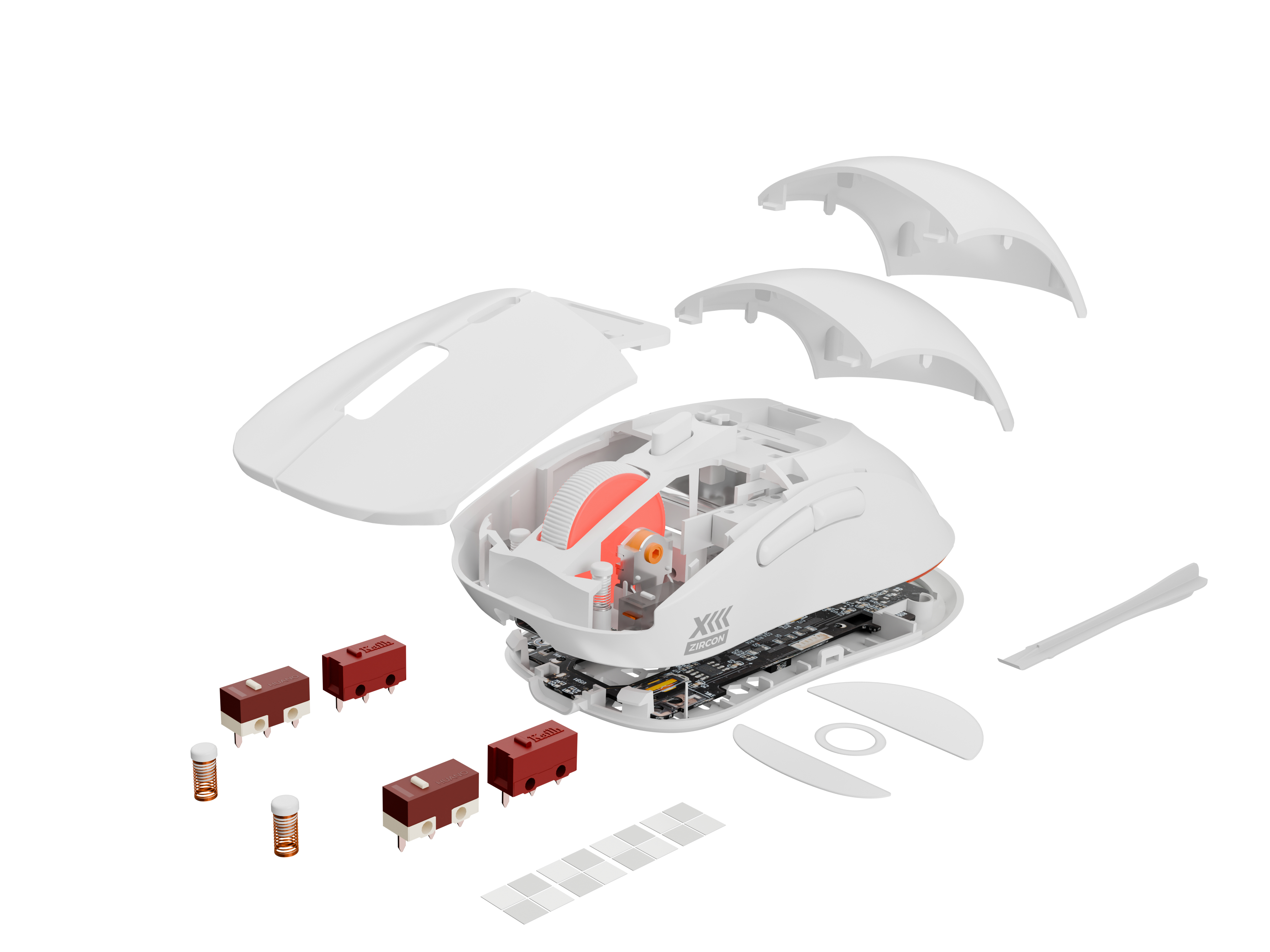 Exploded view van een witte gamingmuis, met interne componenten zoals het scrollwiel en de printplaat.