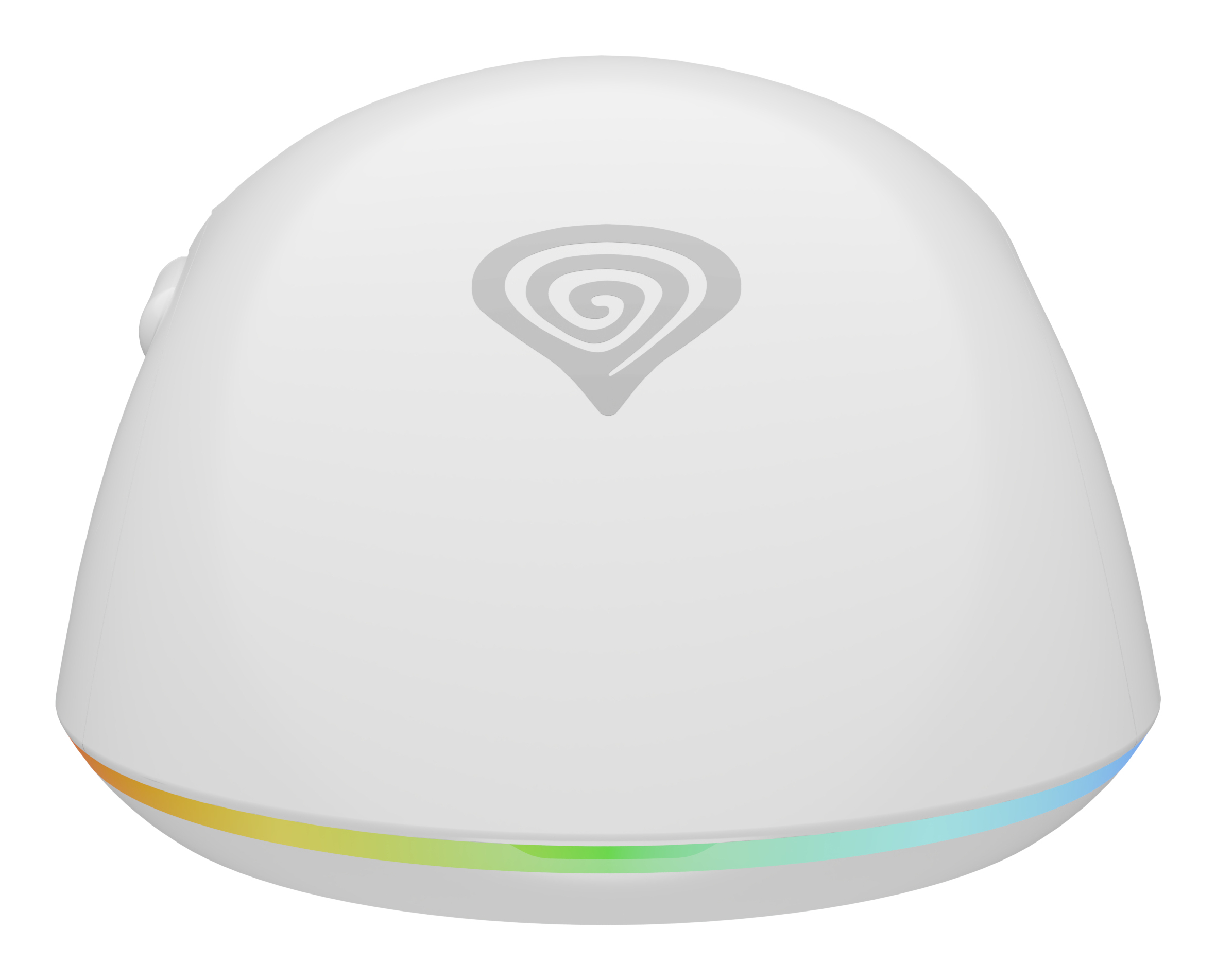Wit, eivormig apparaat met een grijs logo. Het heeft een gekleurde lichtstrip aan de basis.