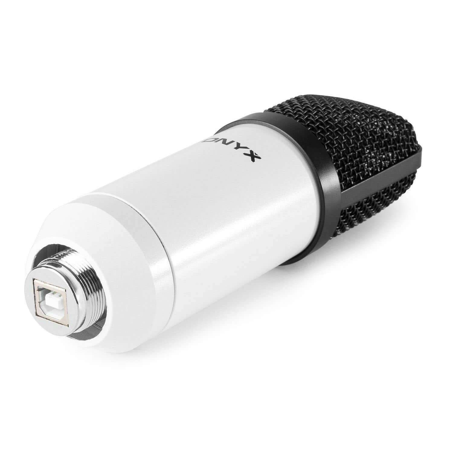 Micrófono blanco y negro con puerto USB. El micrófono tiene una cabeza de malla negra y la palabra 'onyx'.