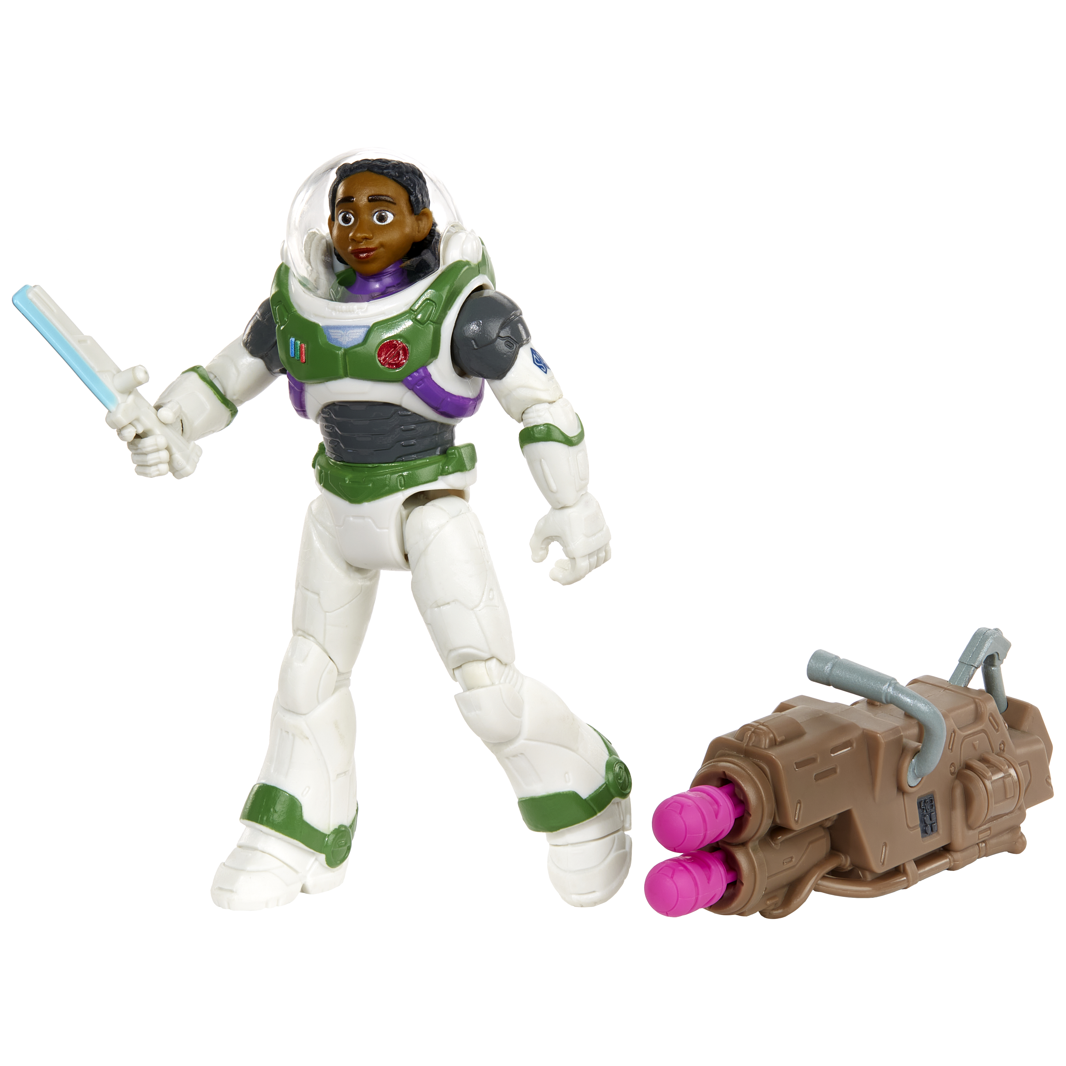 Eine Buzz Lightyear Actionfigur in einem weißen und grünen Raumanzug, die eine blaue Waffe und eine braune Pistole hält.