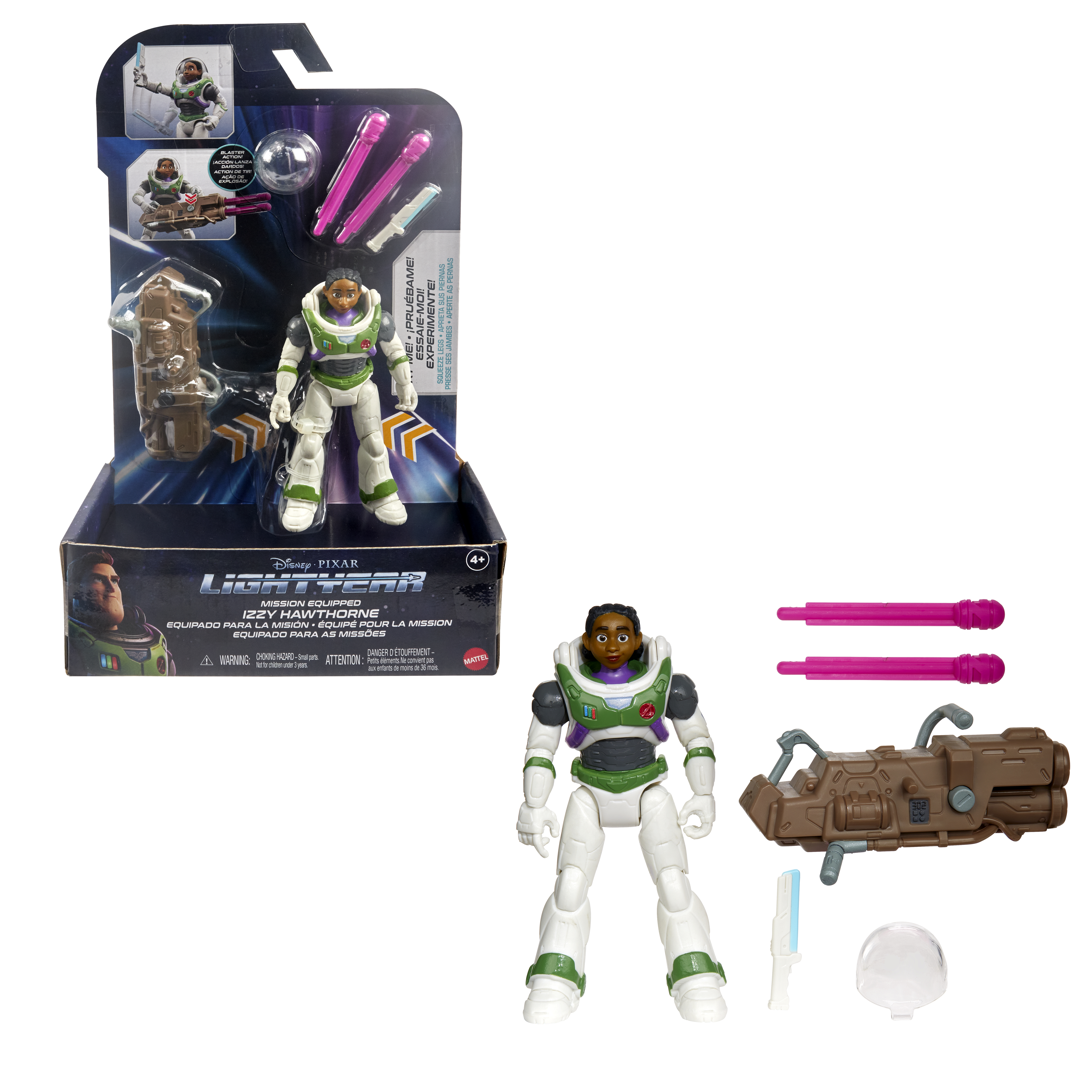 Ein Lightyear-Spielzeugset. Es enthält eine Figur von Izzy Hawthorne, zwei pinkfarbene Projektile und einen braunen Blaster.