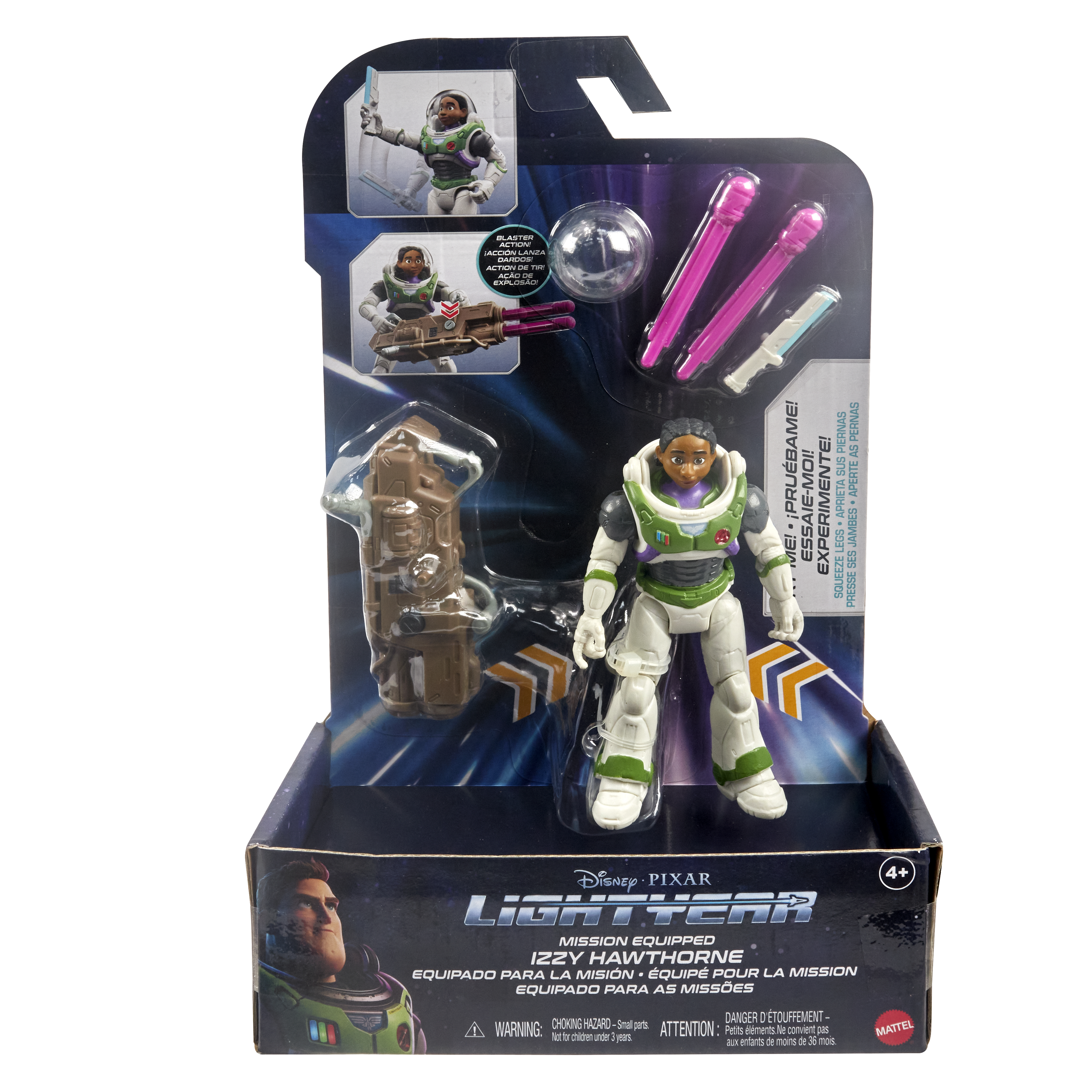 Eine Lightyear Izzy Hawthorne Actionfigur in einer Box mit Zubehör und Bildern.