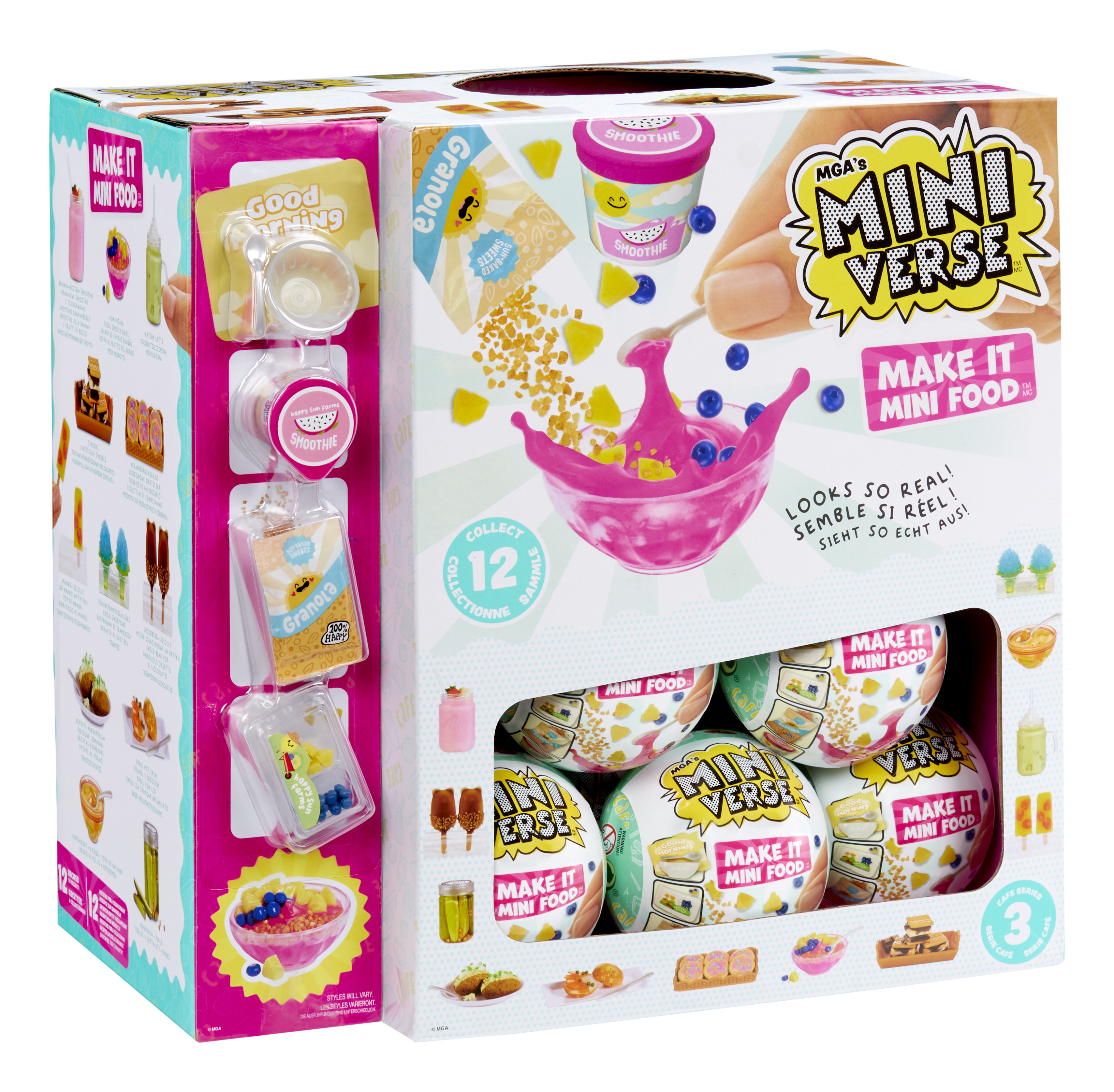 Grafika pudełka przedstawia mini zestaw żywności z różnymi małymi produktami spożywczymi i marką.