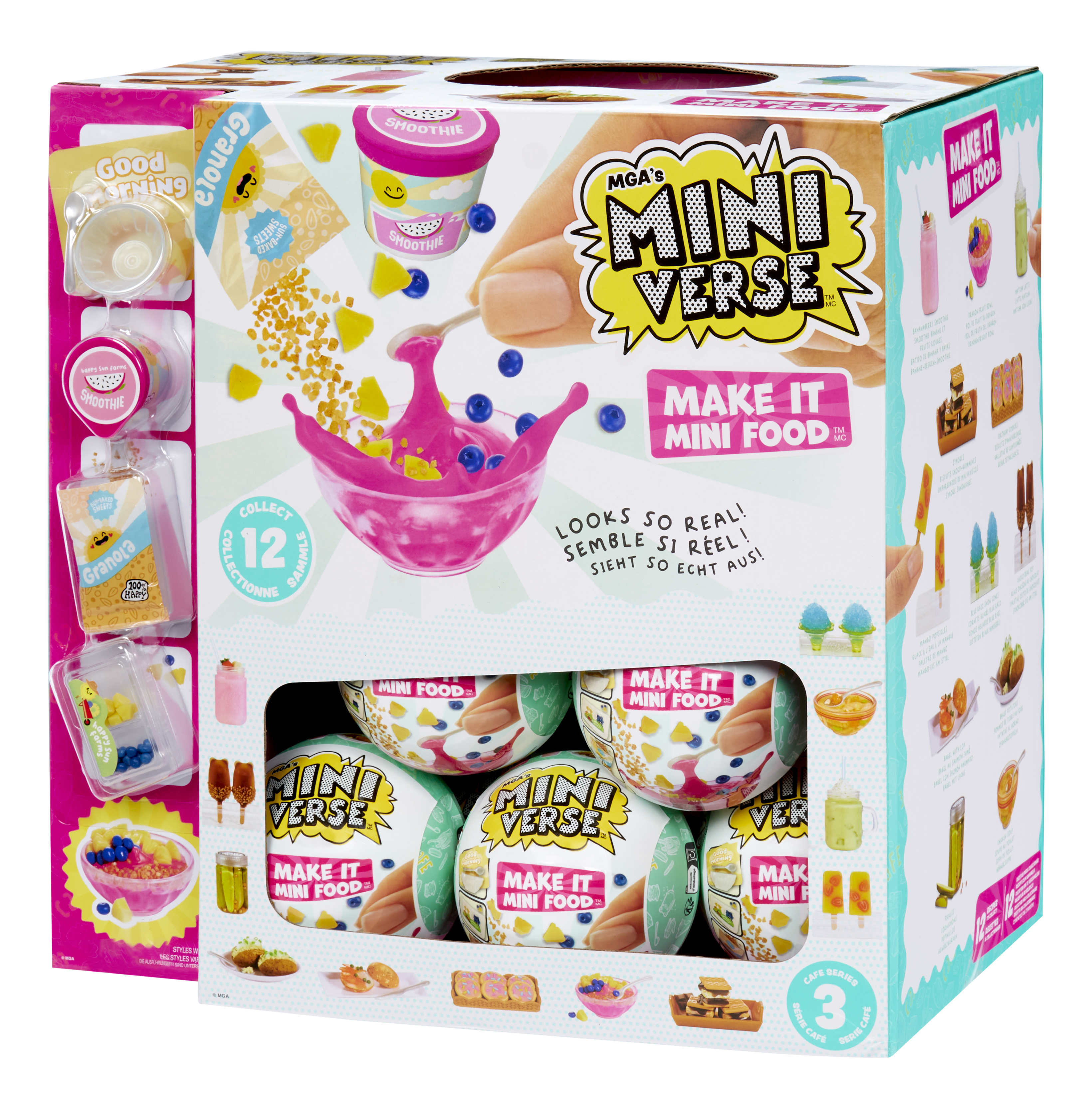 Pudełko z zabawkami Mini Verse ze zdjęciami jedzenia, w tym smoothie i granoli, oraz małymi kulkami.