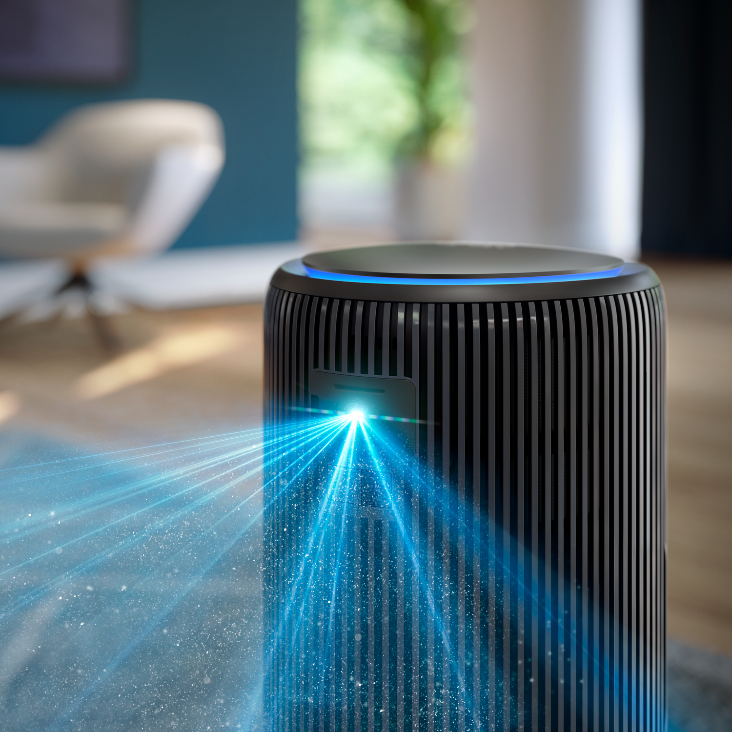 Czarny oczyszczacz powietrza emituje niebieskie wiązki światła. Białe krzesło i niebieska ściana są w tle.