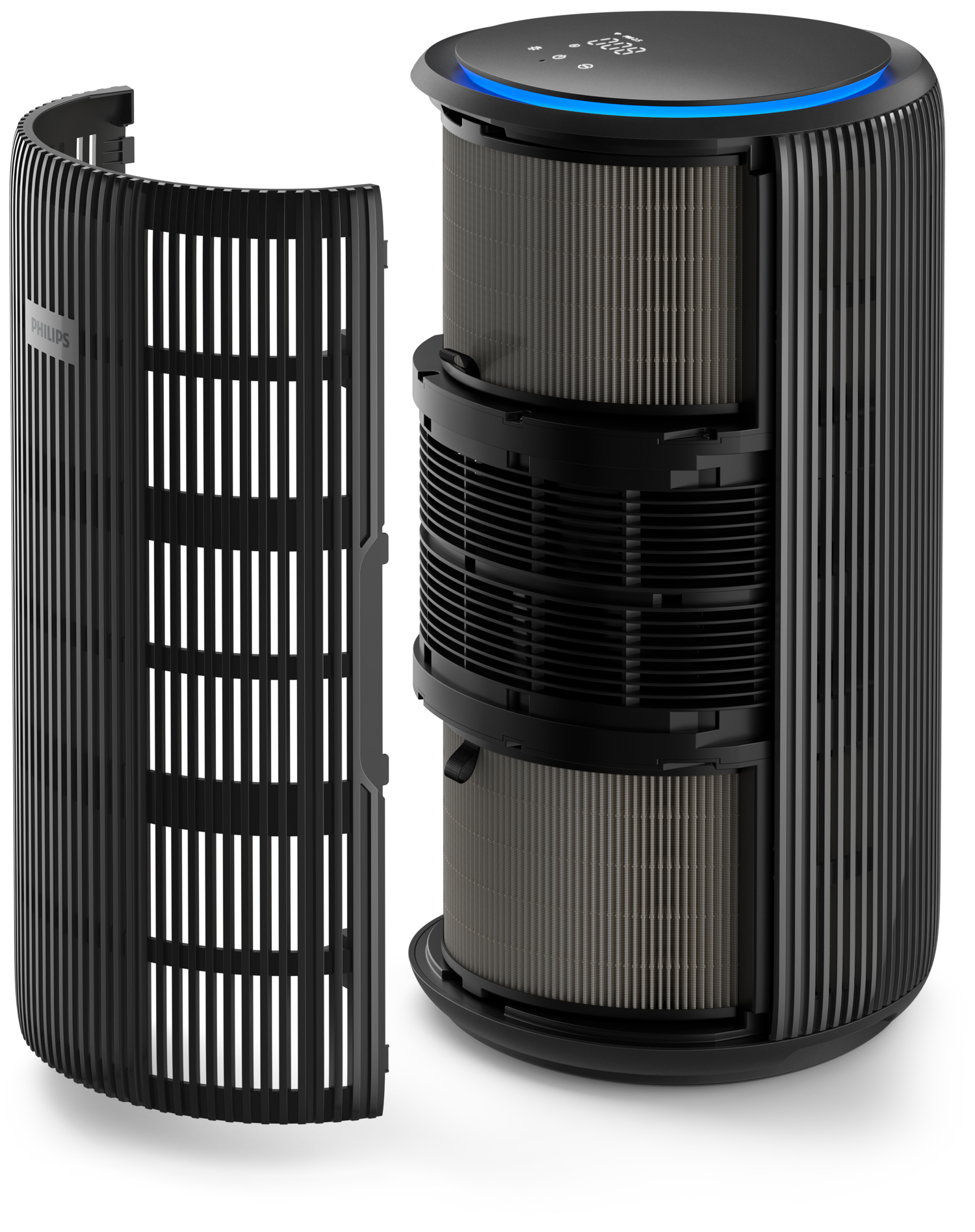 Czarny oczyszczacz powietrza z usuniętym panelem. Widoczne filtry, niebieskie światło na górze. Logo Philips.