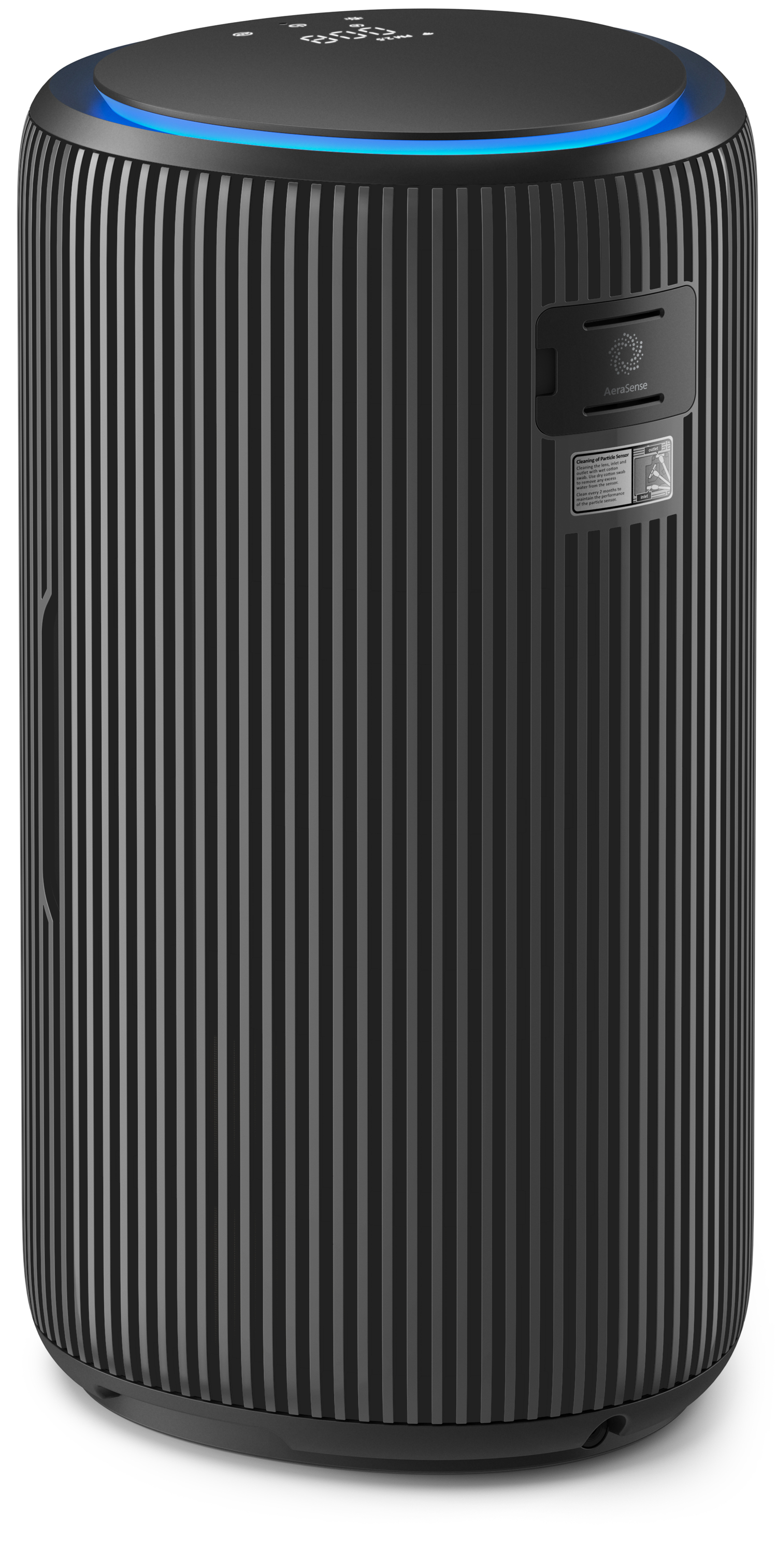 Czarny oczyszczacz powietrza z pionowymi liniami. Ma niebieskie światło na górze i logo AeraSense.