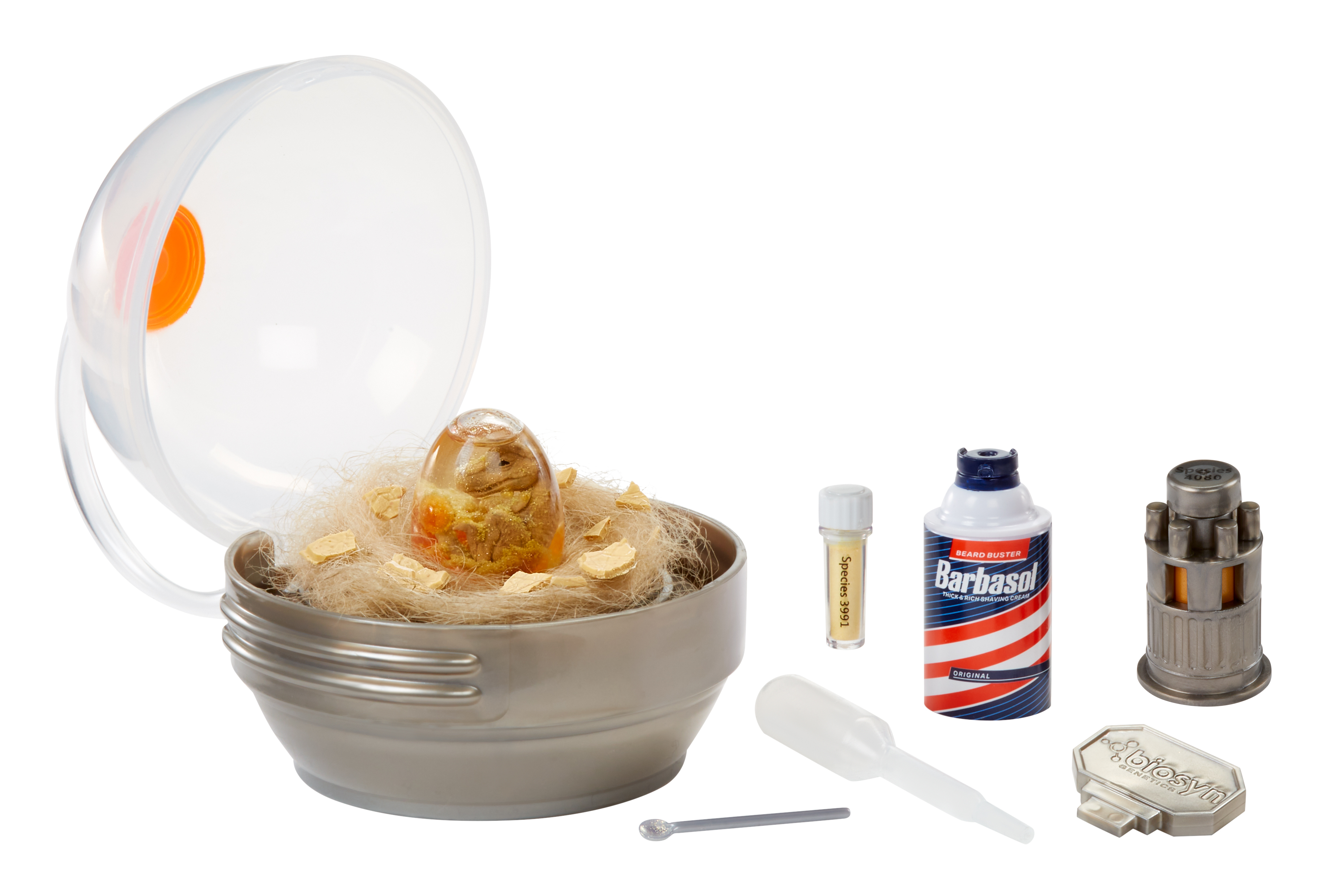 Zestaw z pojemnikiem w kształcie jaja, kremem do golenia, małymi fiolkami i innymi narzędziami naukowymi.