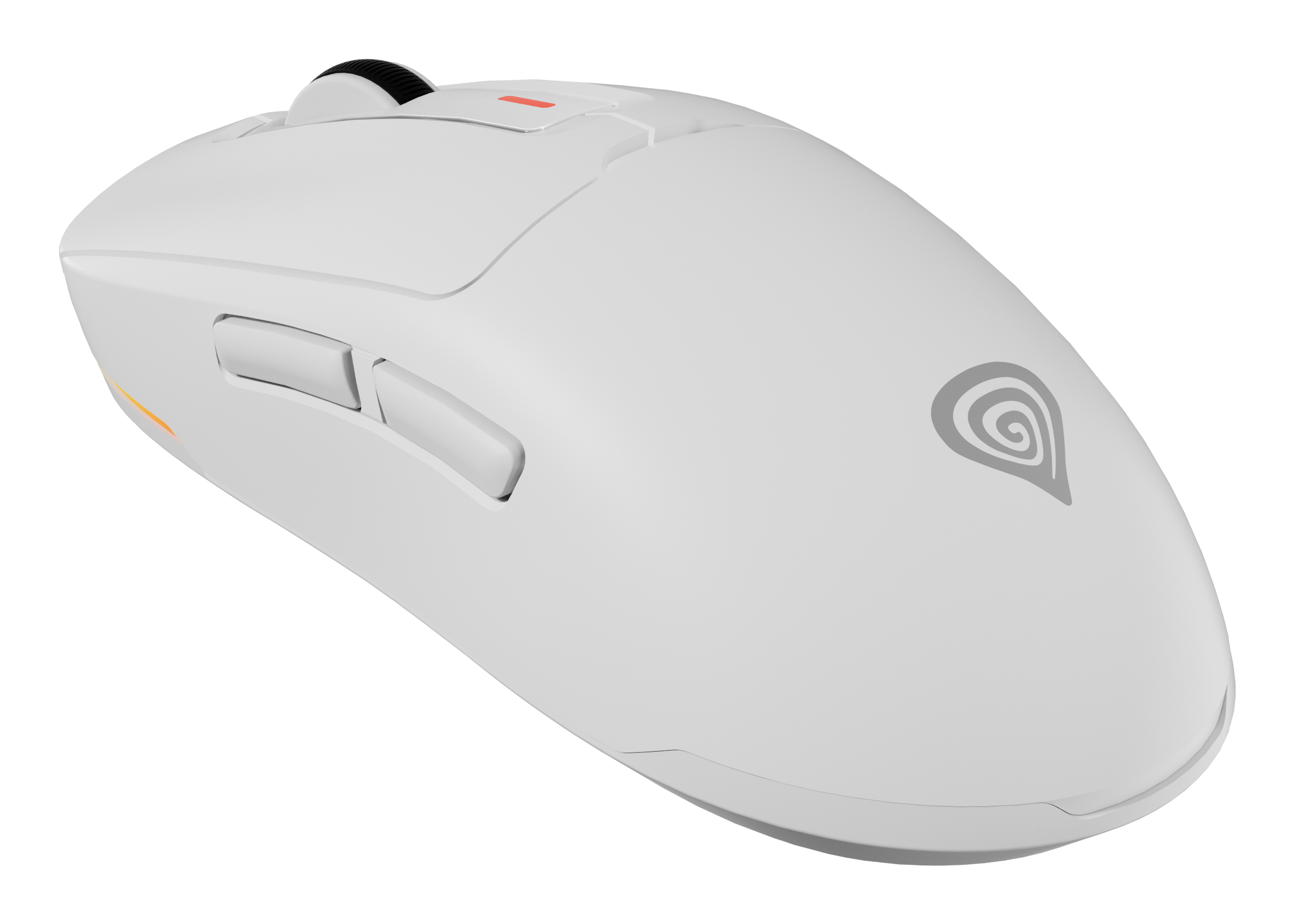 Een witte gamingmuis met zwarte scrollwiel, zijknoppen en logo. Rood indicatielampje zichtbaar.
