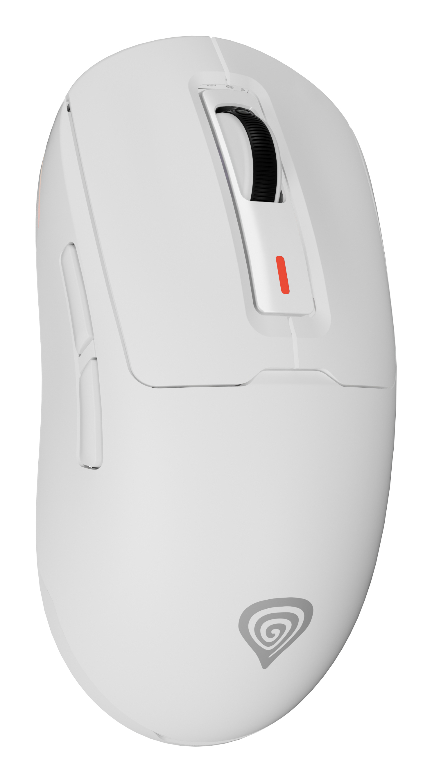 Een witte computermuis. Het heeft een scrollwiel, twee zijknoppen en een logo. Het heeft een rode indicator.