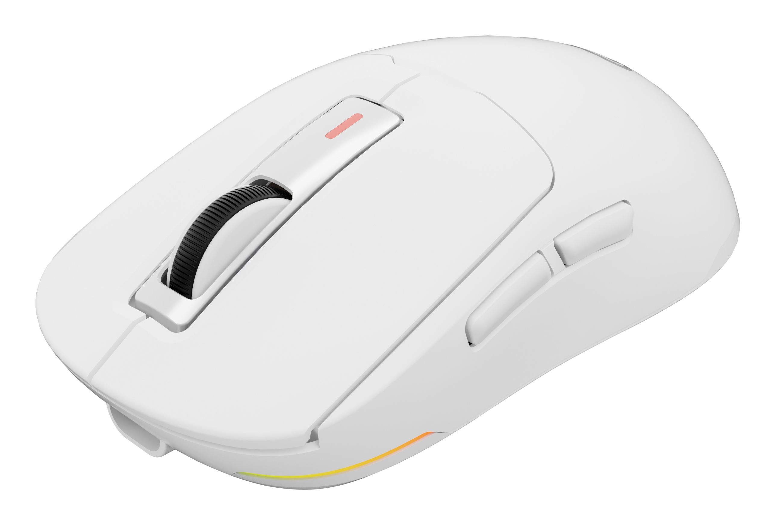 Witte computermuis met scrollwiel, knoppen en een gekleurde lichtstrip aan de onderkant.
