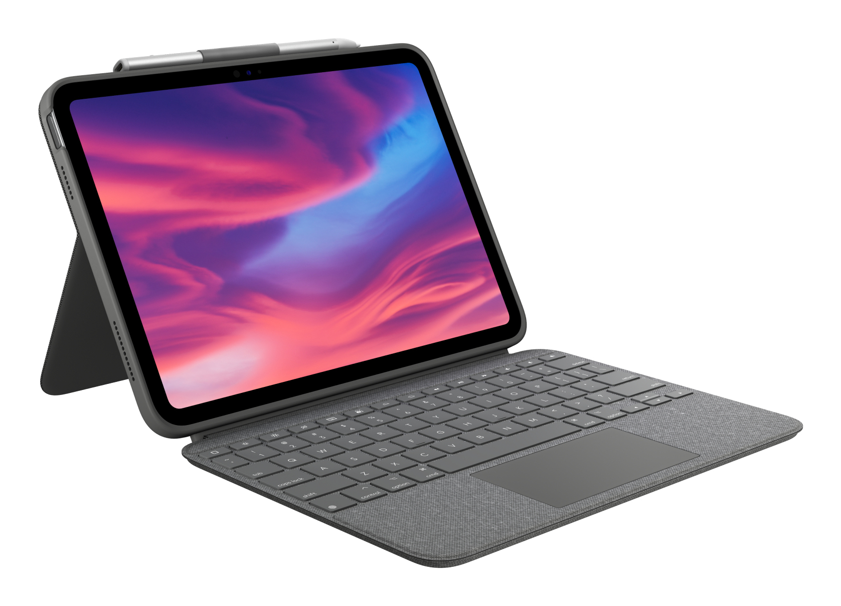 Un iPad con custodia con tastiera e stilo. Lo schermo mostra un'immagine colorata. La tastiera è grigia e la custodia è nera.