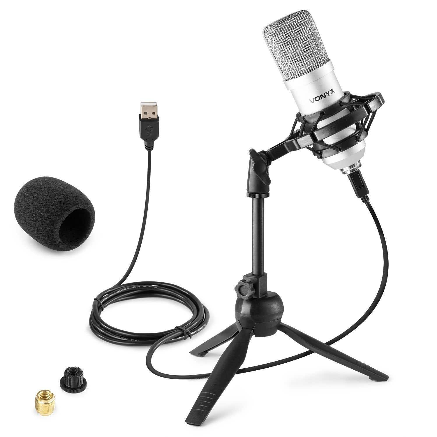 A silver microphone with a black stand and a USB cable. There is also a black foam cover, and some connectors.