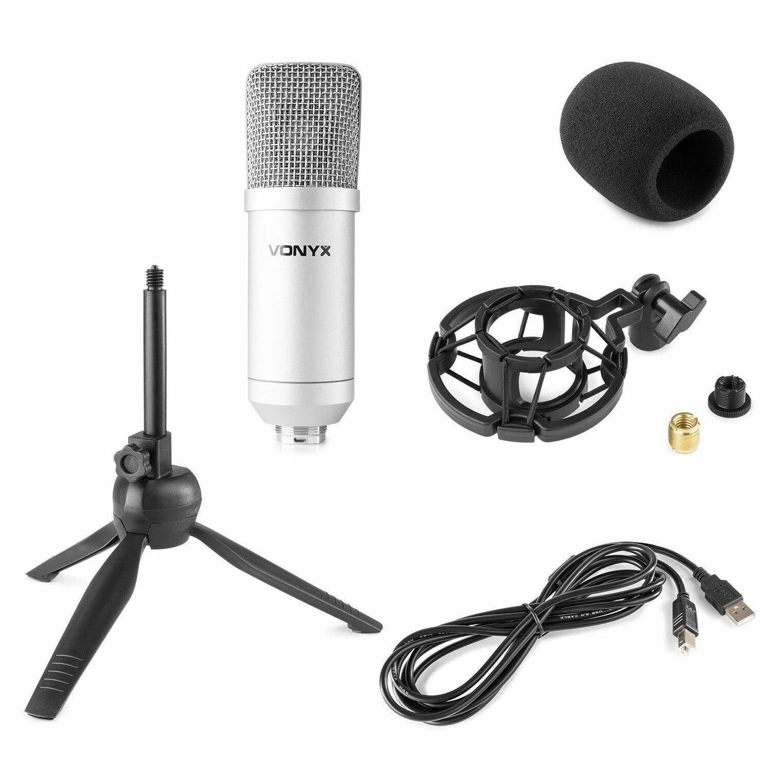 A silver microphone with a pop filter, stand, shock mount, and USB cable on a white surface.