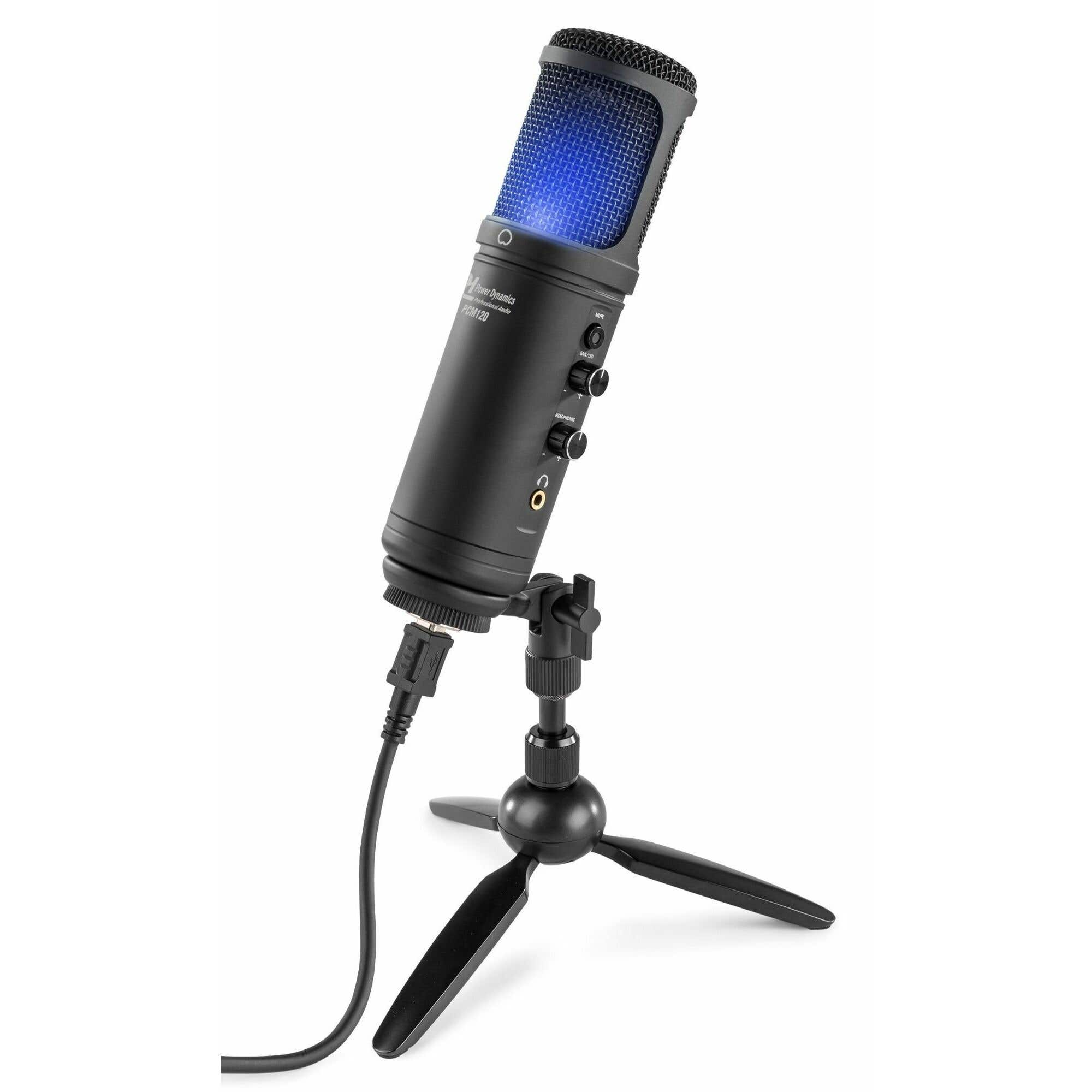 A black microphone with a blue illuminated mesh top, mounted on a black tripod. A cable connects it to the base.
