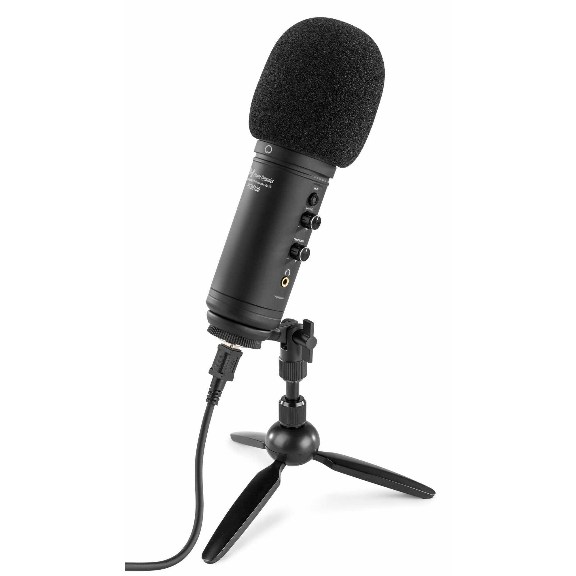 A black microphone with a foam cover is on a tripod. A cable connects it. The background is white.